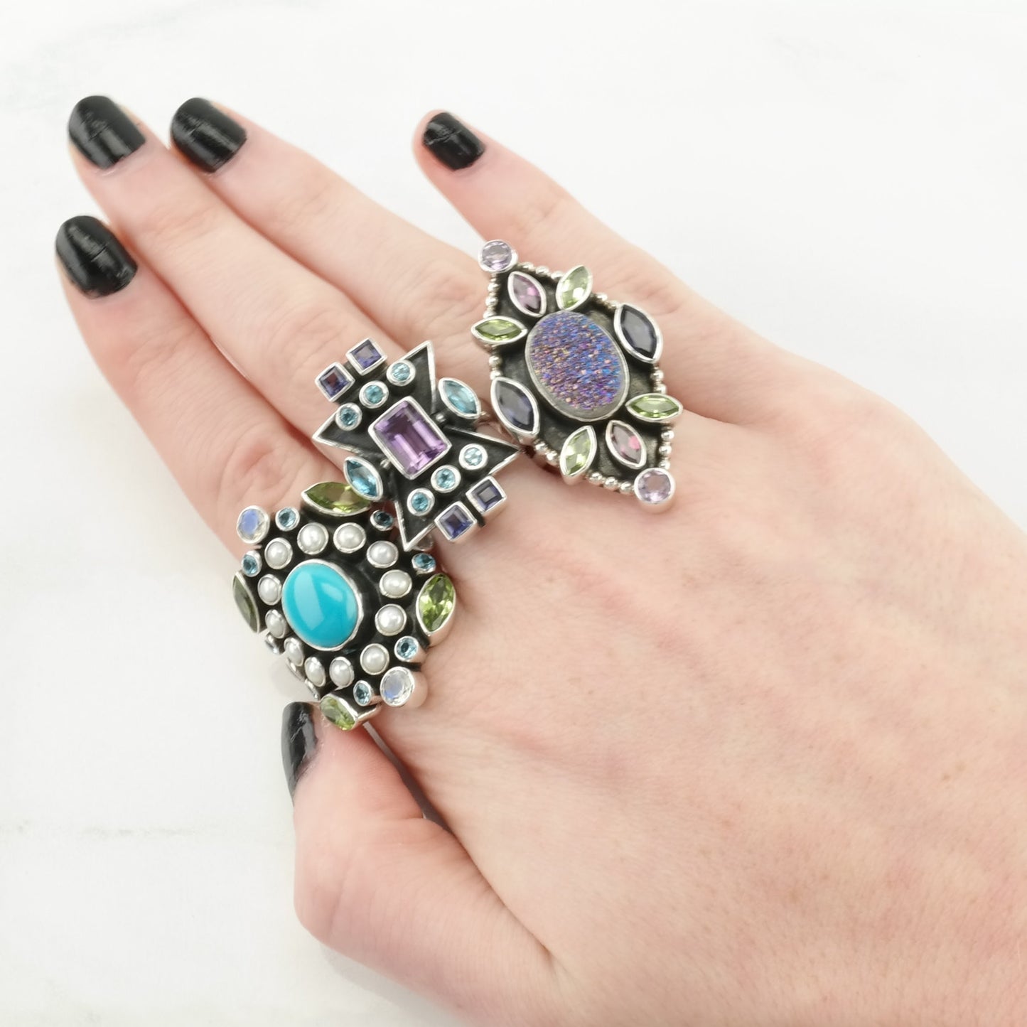 Vintage Nicky Butler Silver Ring Amethyst, Topaz Cluster, Geometric Sterling Blue, Purple Size 7