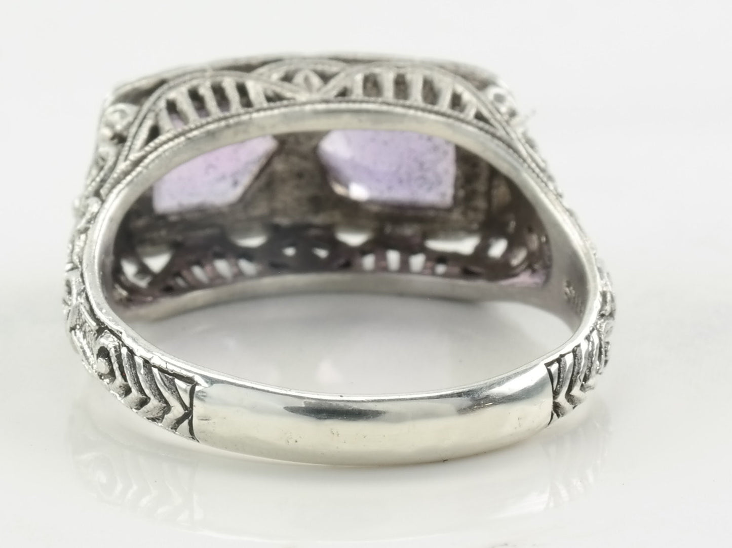 Vintage Sterling Silver Ring Double Amethyst, Gemstone, Floral, Filigree Size 6 3/4