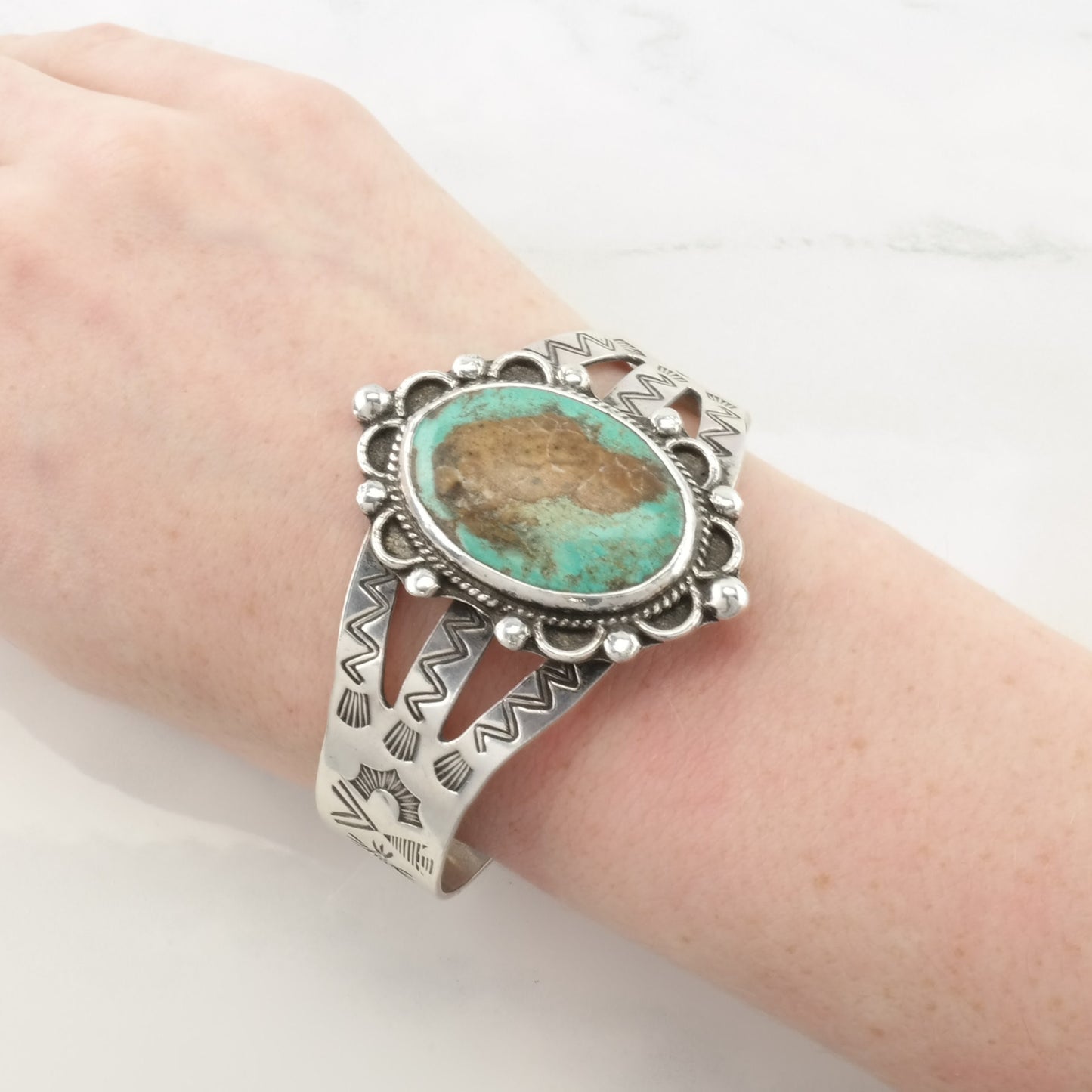 Southwest Sterling Silver Cuff Bracelet Blue Turquoise Stamped