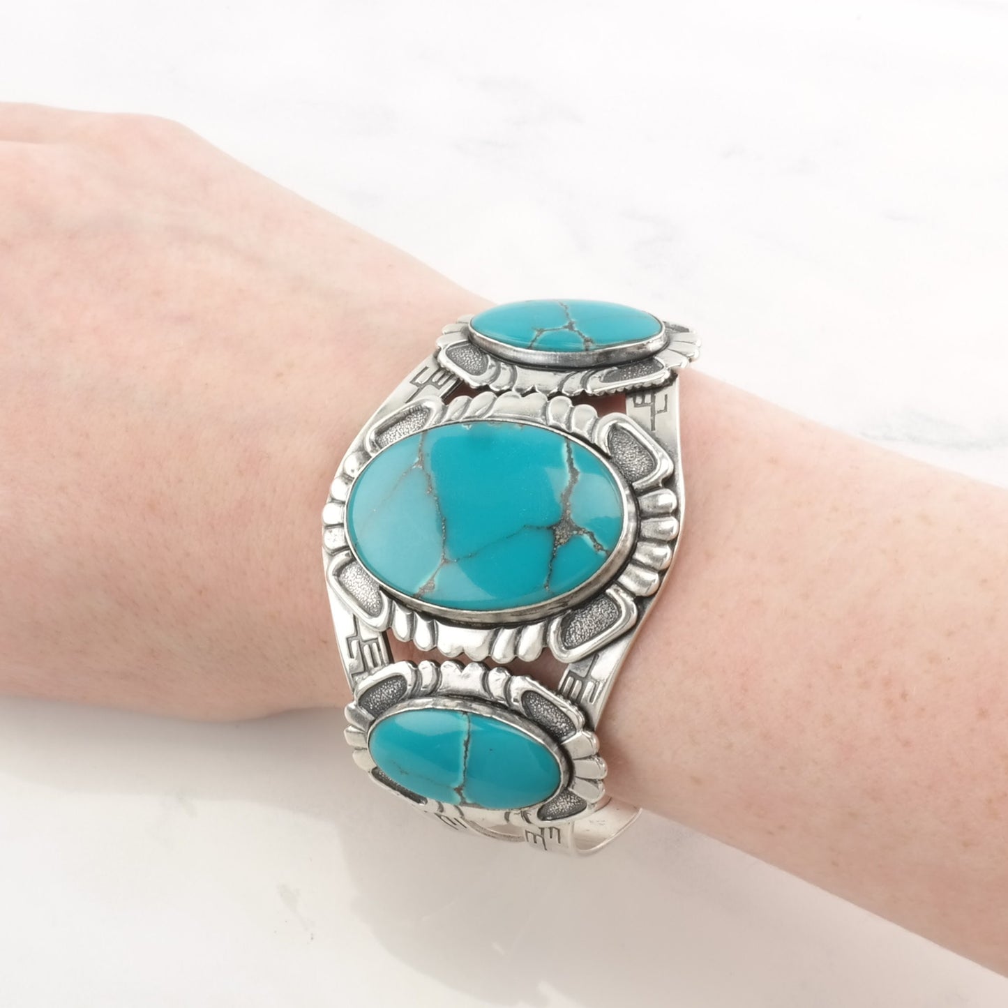 Fred Harvey Era Block Turquoise Cuff Bracelet Sterling Silver Blue Stamped