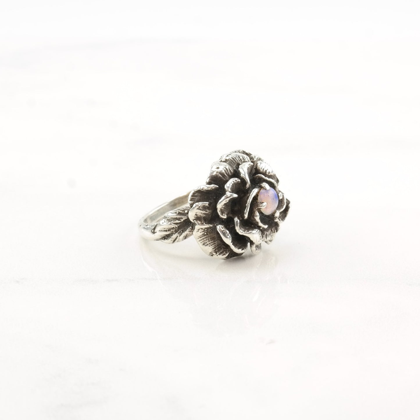Vintage Brutalist Silver Ring Lab Opal Flower Sterling Size 5