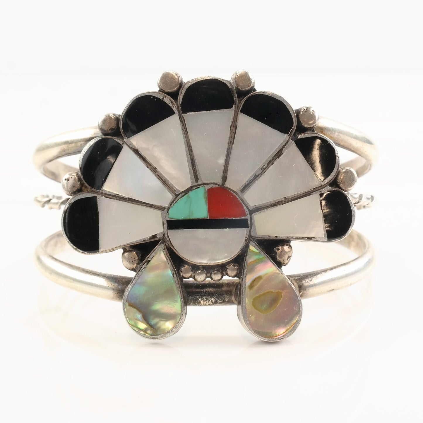 Native American Sterling Silver Cuff Bracelet | Gemstone Sun Inlay | Southwestern Jewelry