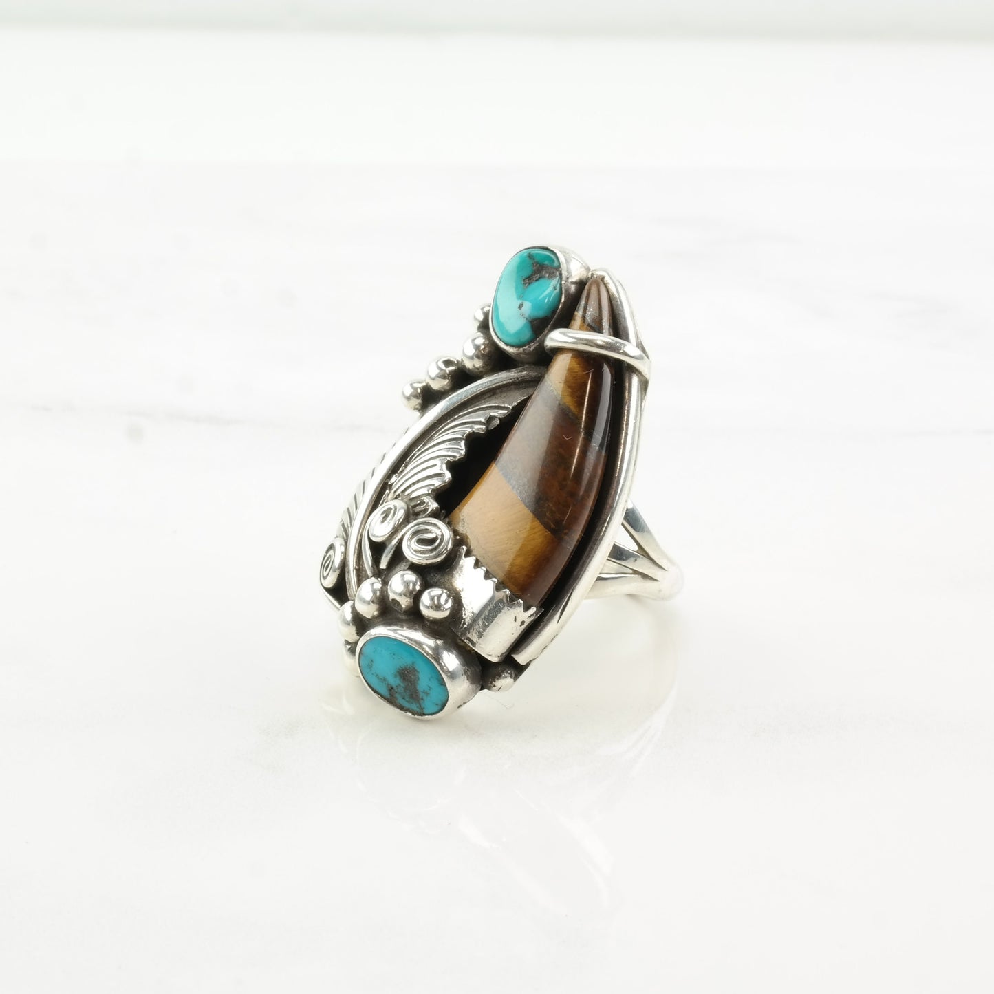 Vintage Native American Silver Ring Turquoise Tiger Eye Leaf Swirl Sterling Size 8 3/4
