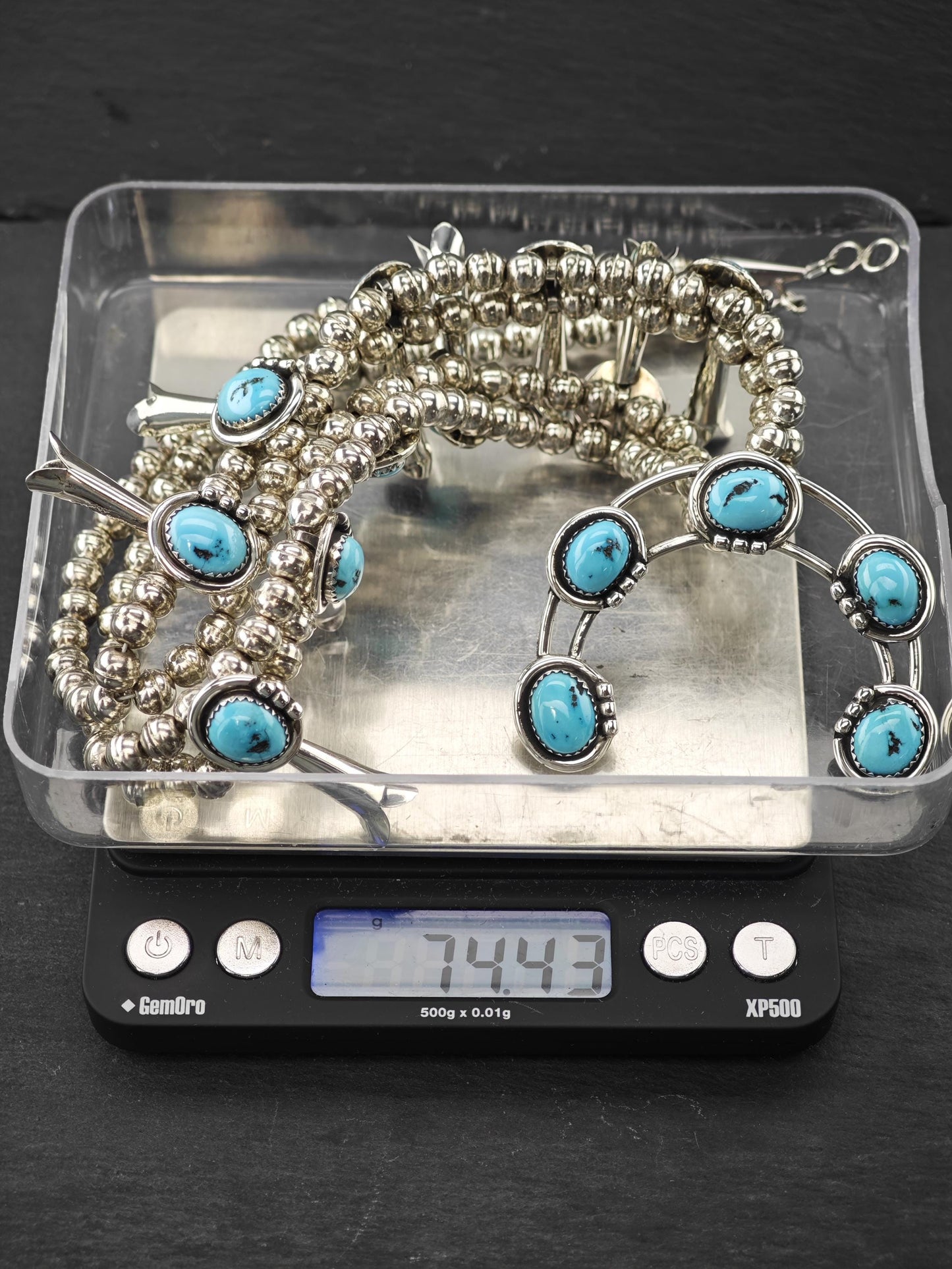 Vintage Native American Sterling Silver, Sleeping Beauty Squash Blossom Necklace