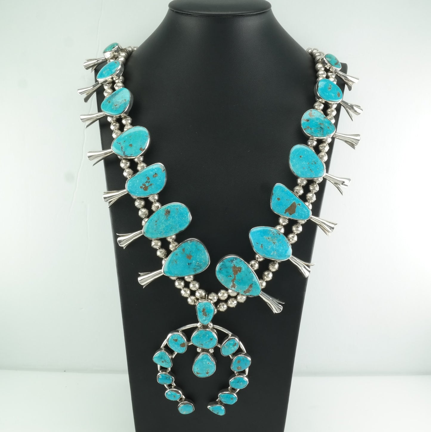 Vintage Squash Blossom Sterling Silver Blue Turquoise Mountain Peak Necklace