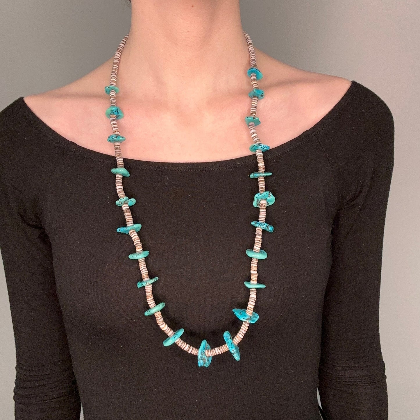 Vintage Santo Domingo Sterling Silver Blue Turquoise Shell, Heishi Necklace