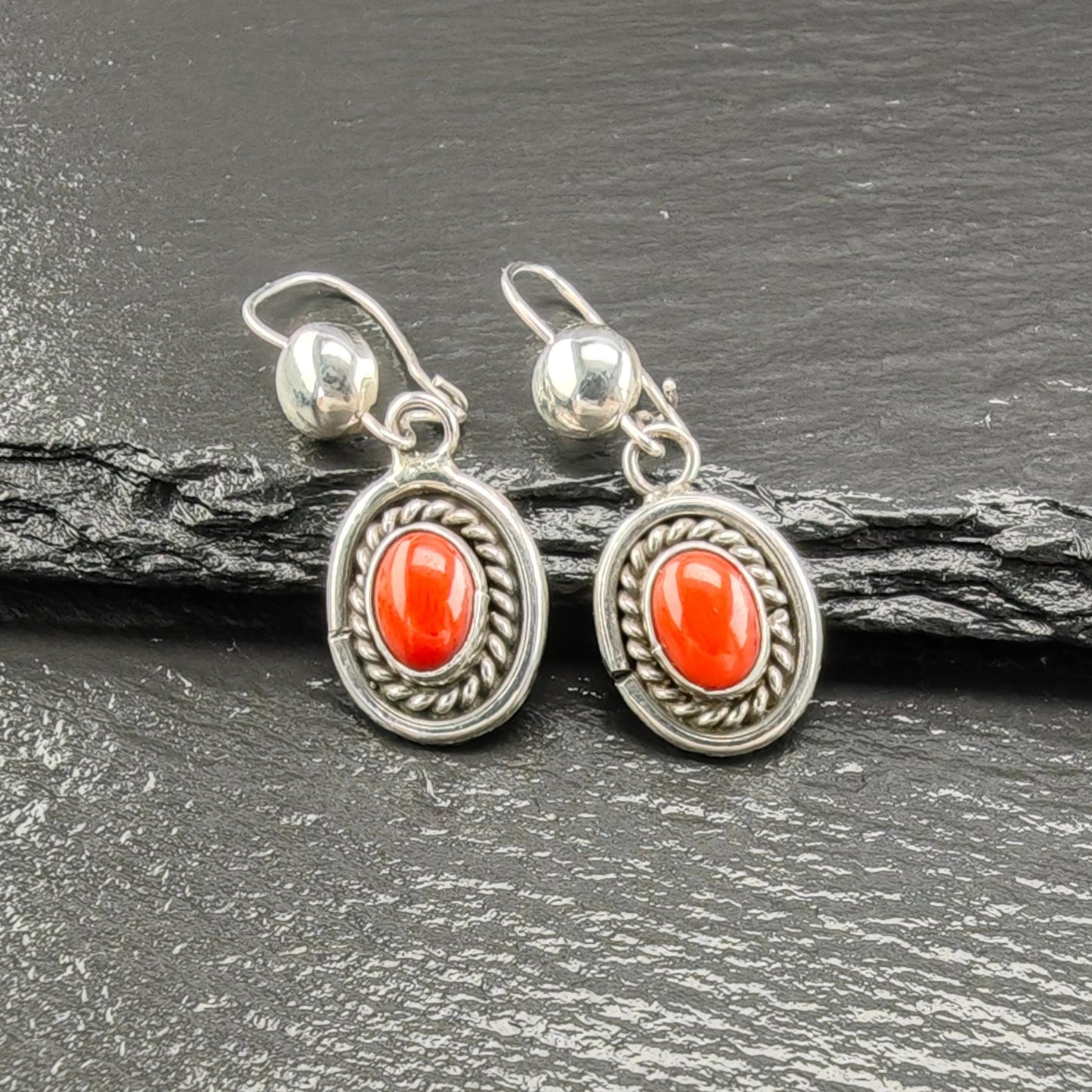 Native American Red Coral Oval Kidney Wire Earrings Sterling Silver
