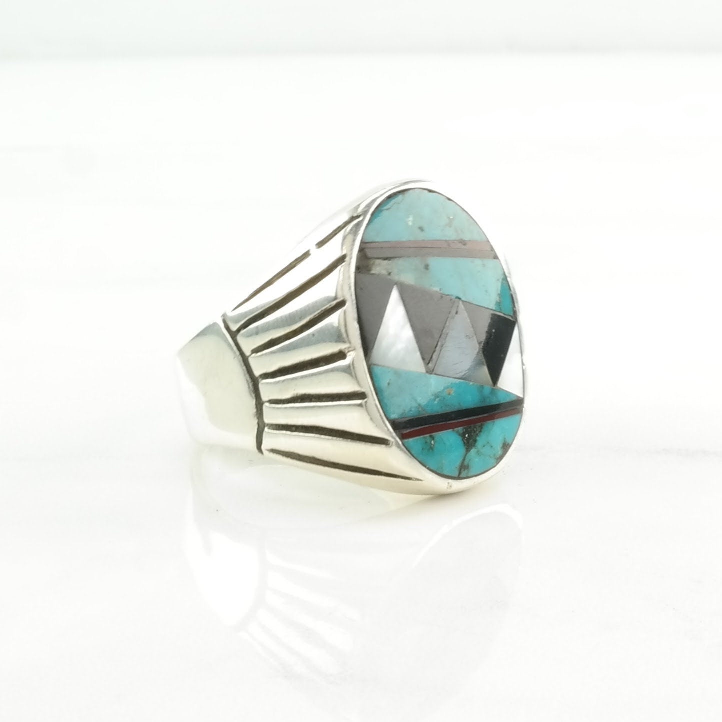 Vintage Native American Silver Ring Turquoise, Onyx, MOP Inlay Sterling Blue, Black, White Size 12 3/4