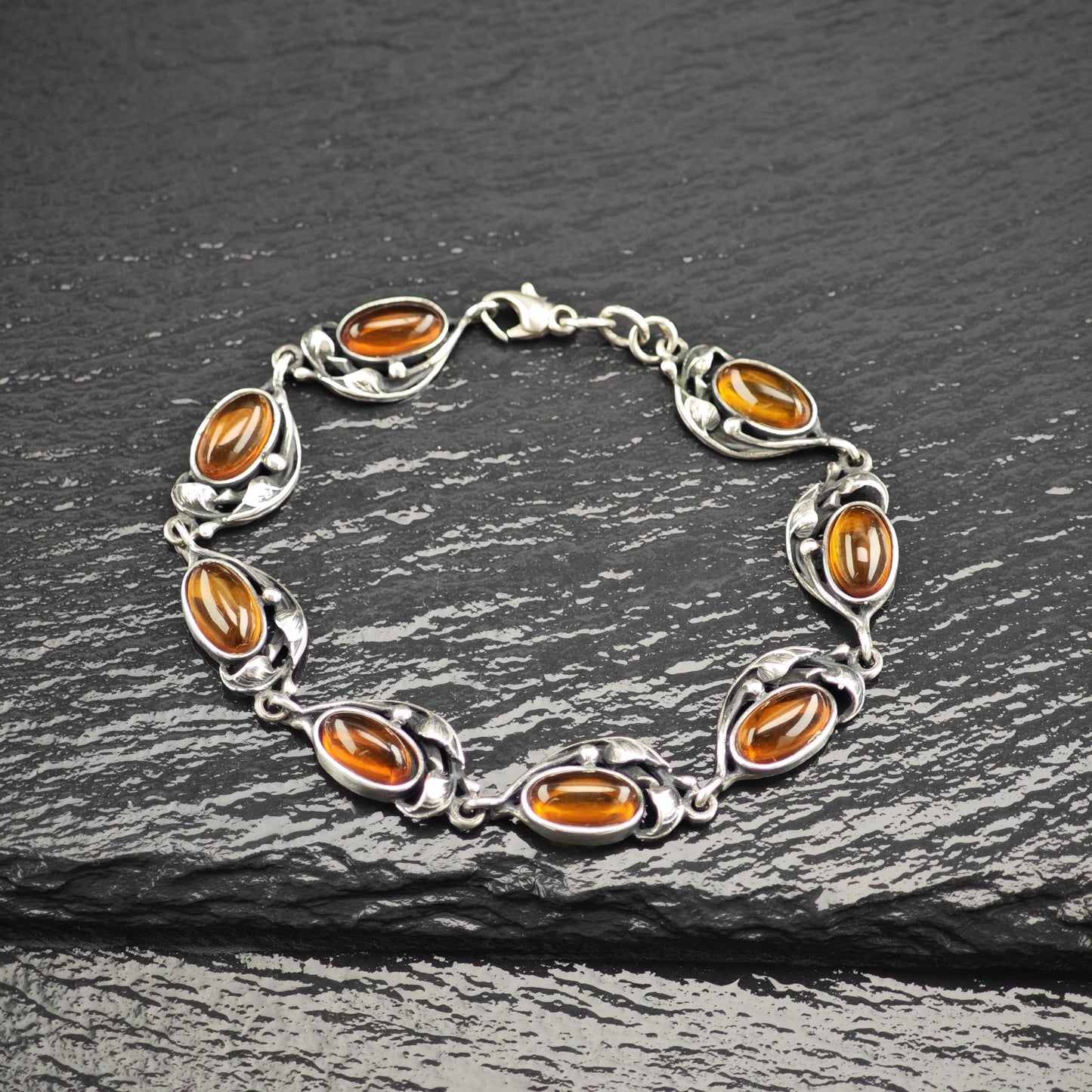 Art Nouveau Style Amber Link Bracelet Sterling Silver
