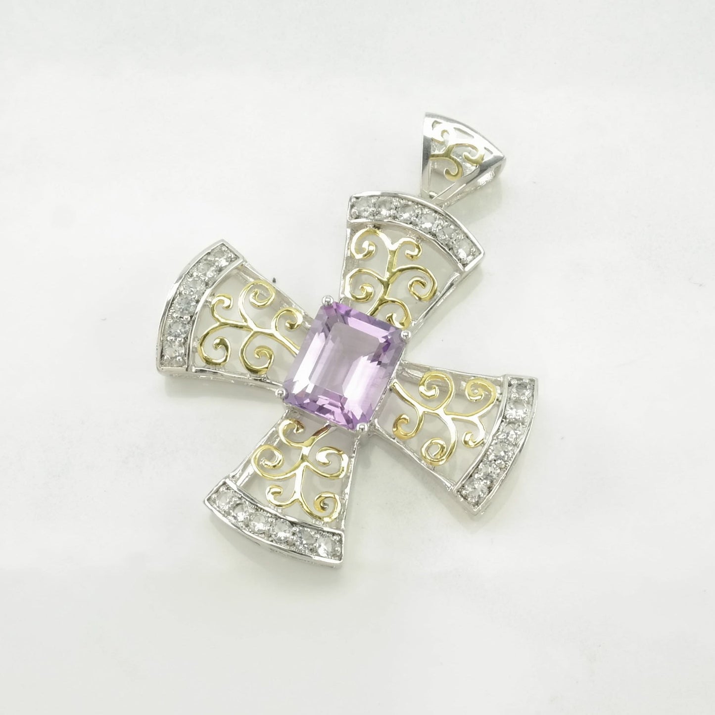 Amethyst, Topaz Cross, Scroll, Two Tone Sterling Silver Pendant P2597