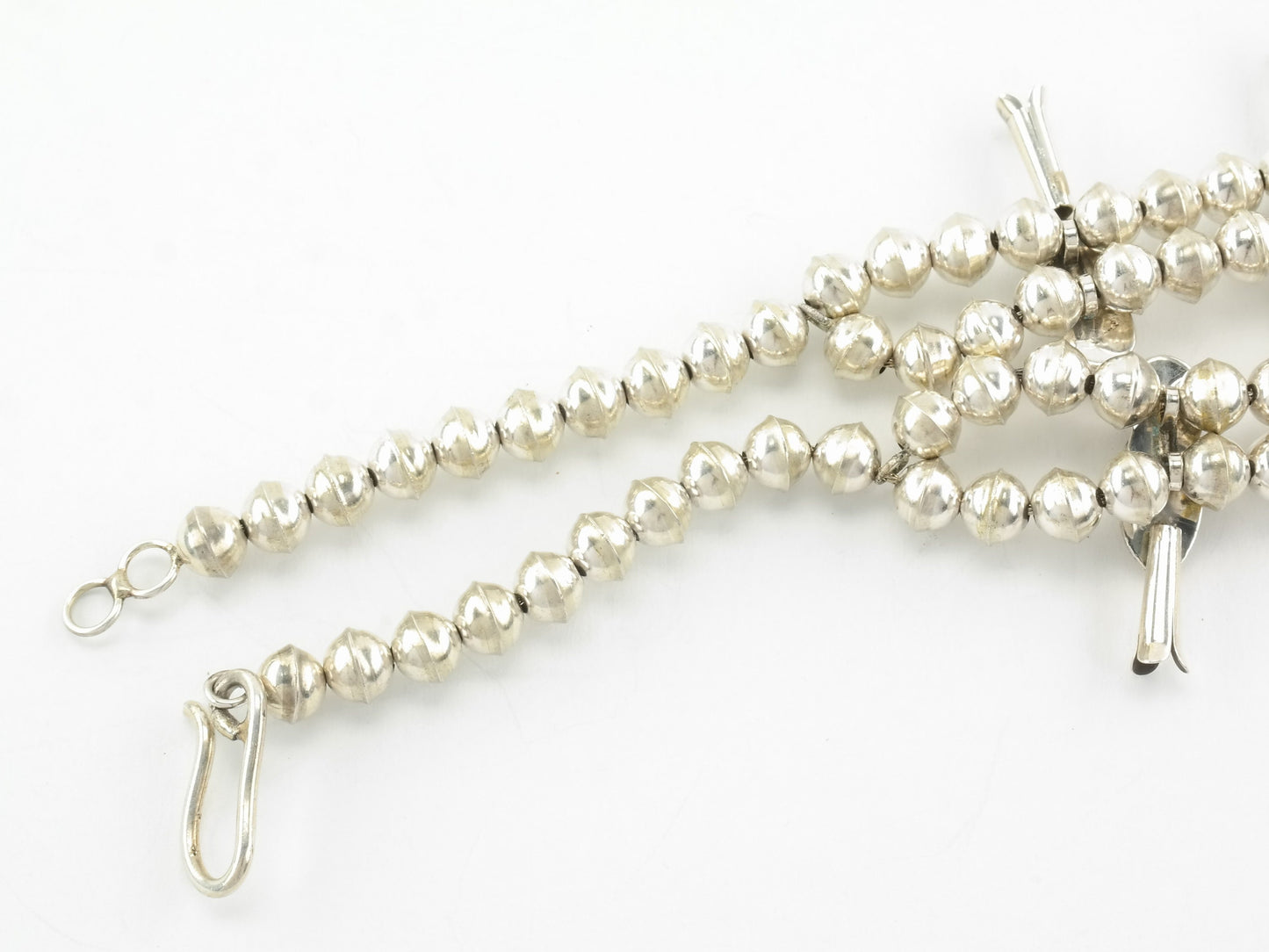 Vintage Native American Sterling Silver Pink Lab Opal Squash Blossom Necklace