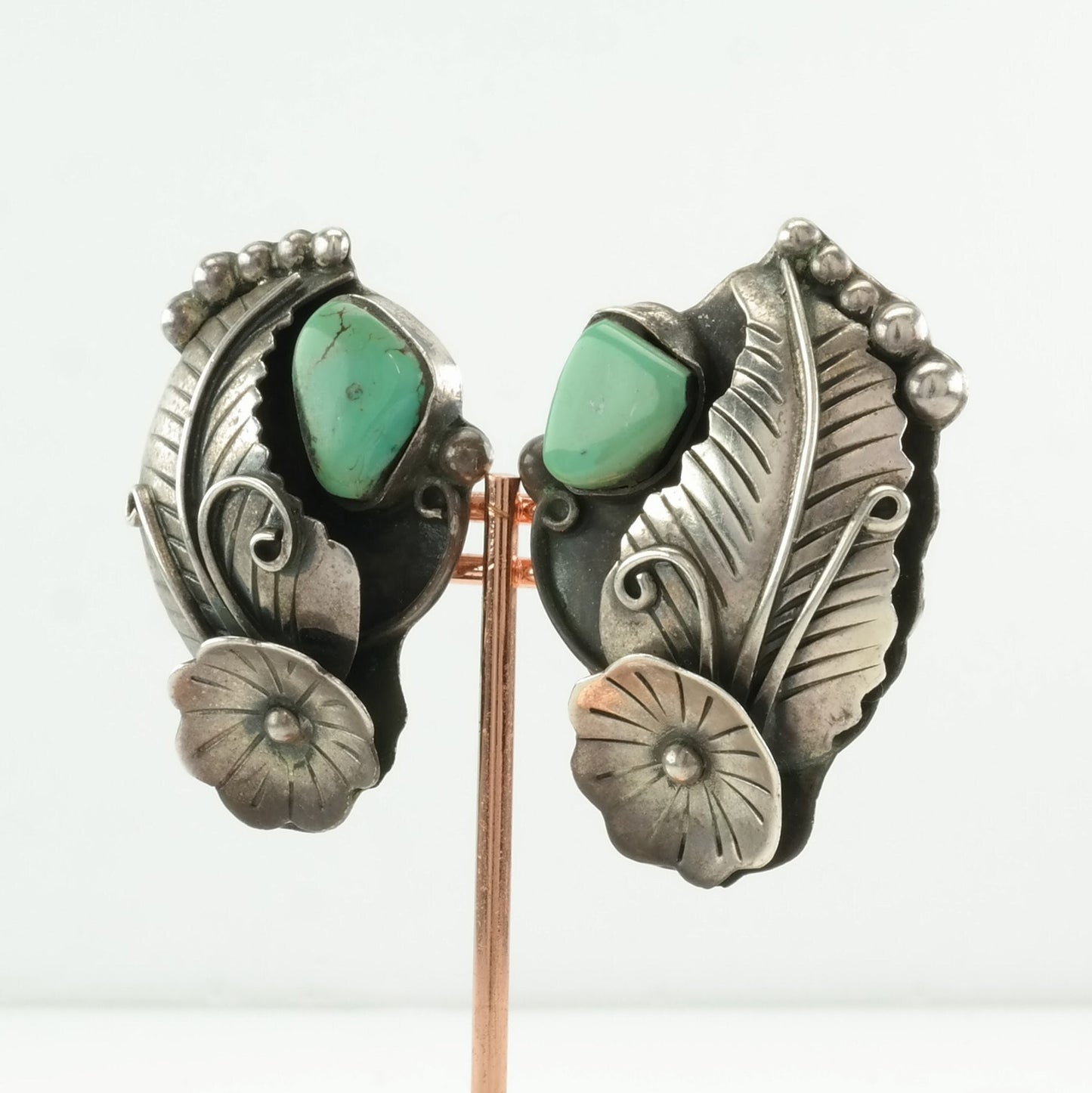 Vintage Southwest Sterling Silver Green Turquoise Flower & Feather Clip-On Earrings, 1 3/4 Inches Long
