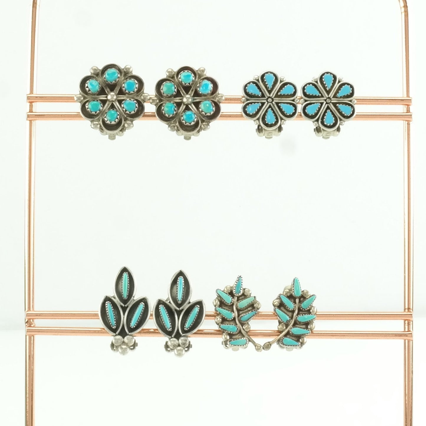 Vintage Sterling Silver Clip on Earrings Native American Blue Turquoise Needle Point, Floral