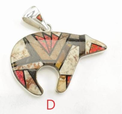 Vintage Southwest Lab Opal, Multi Gem Inlay, Bear, Buffalo, Reversible Sterling Silver Pendant