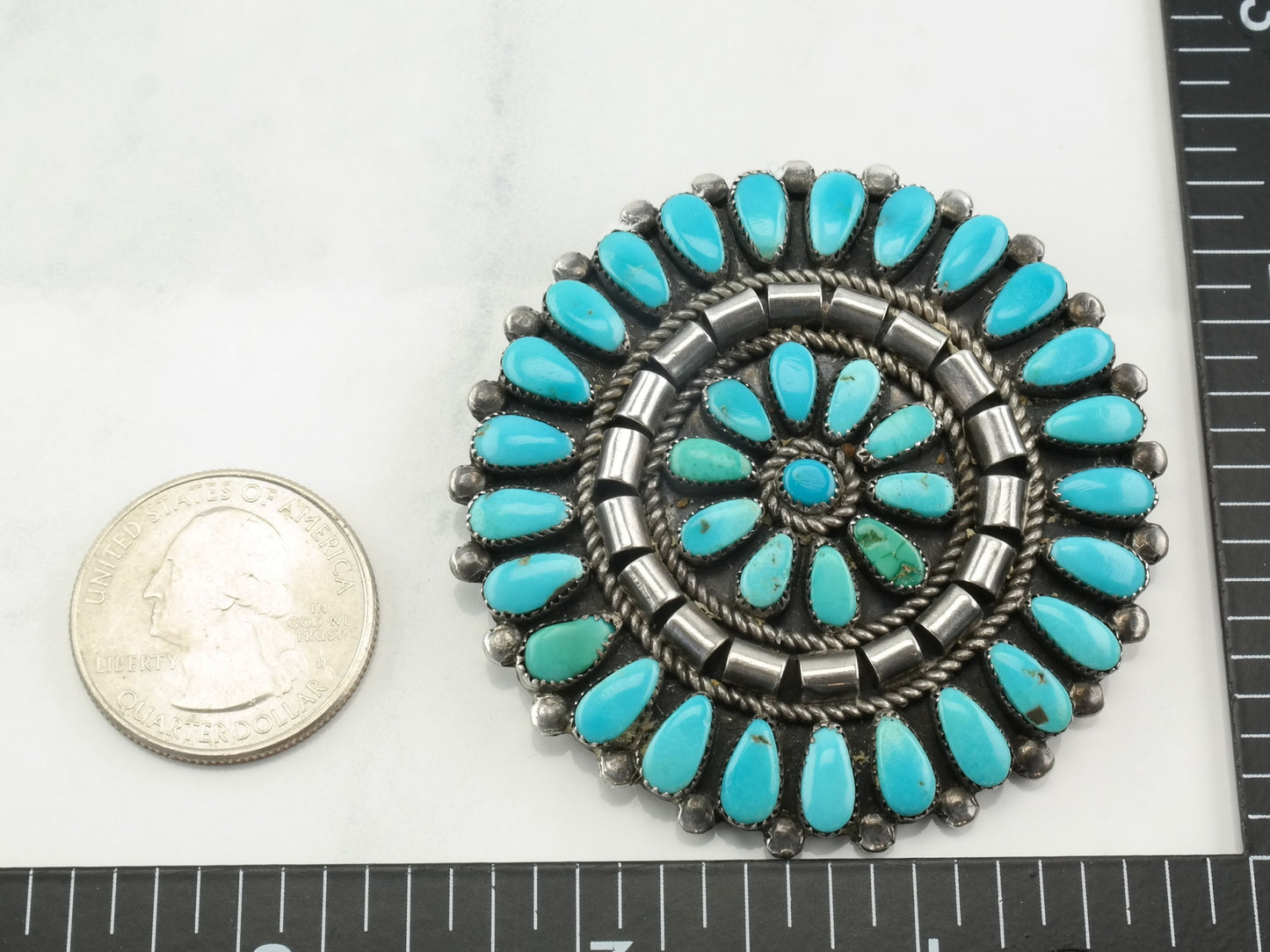 Native American Sterling Silver Brooch Cluster Flower Turquoise