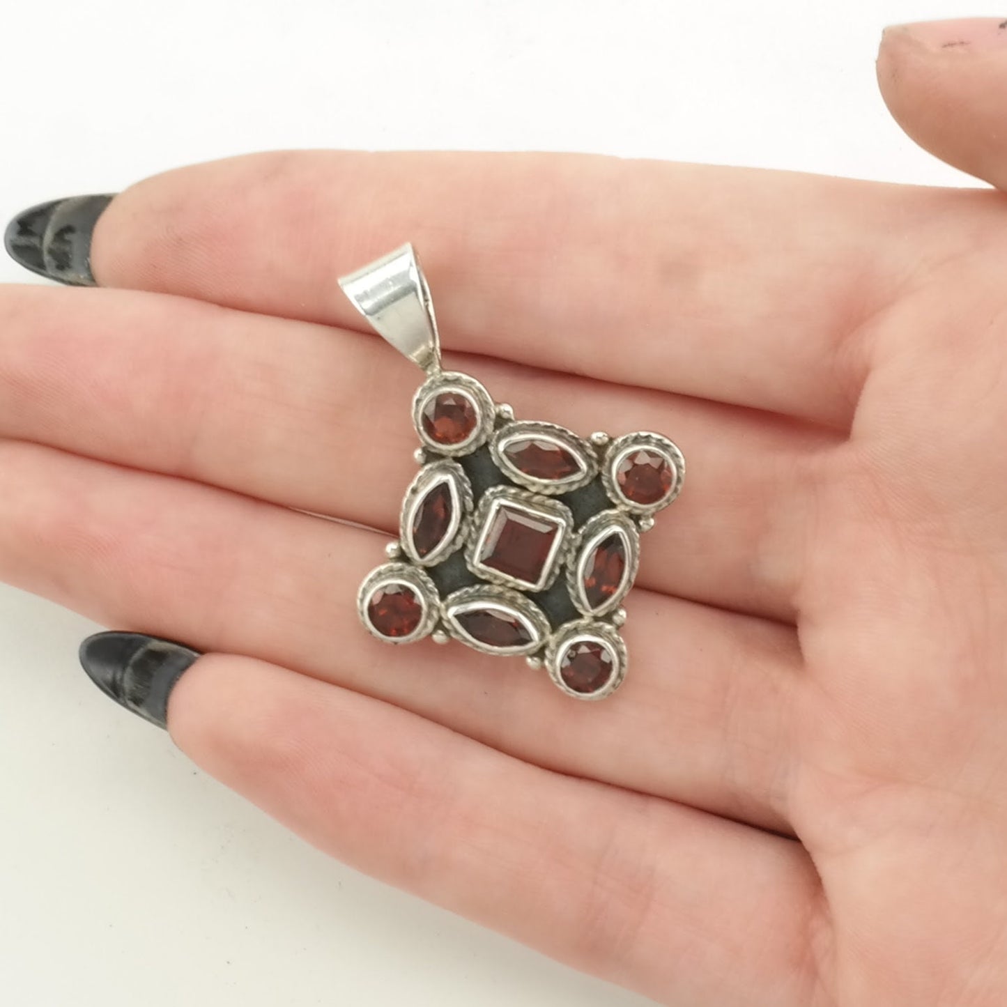 Vintage Garnet Cluster Sterling Silver Pendant
