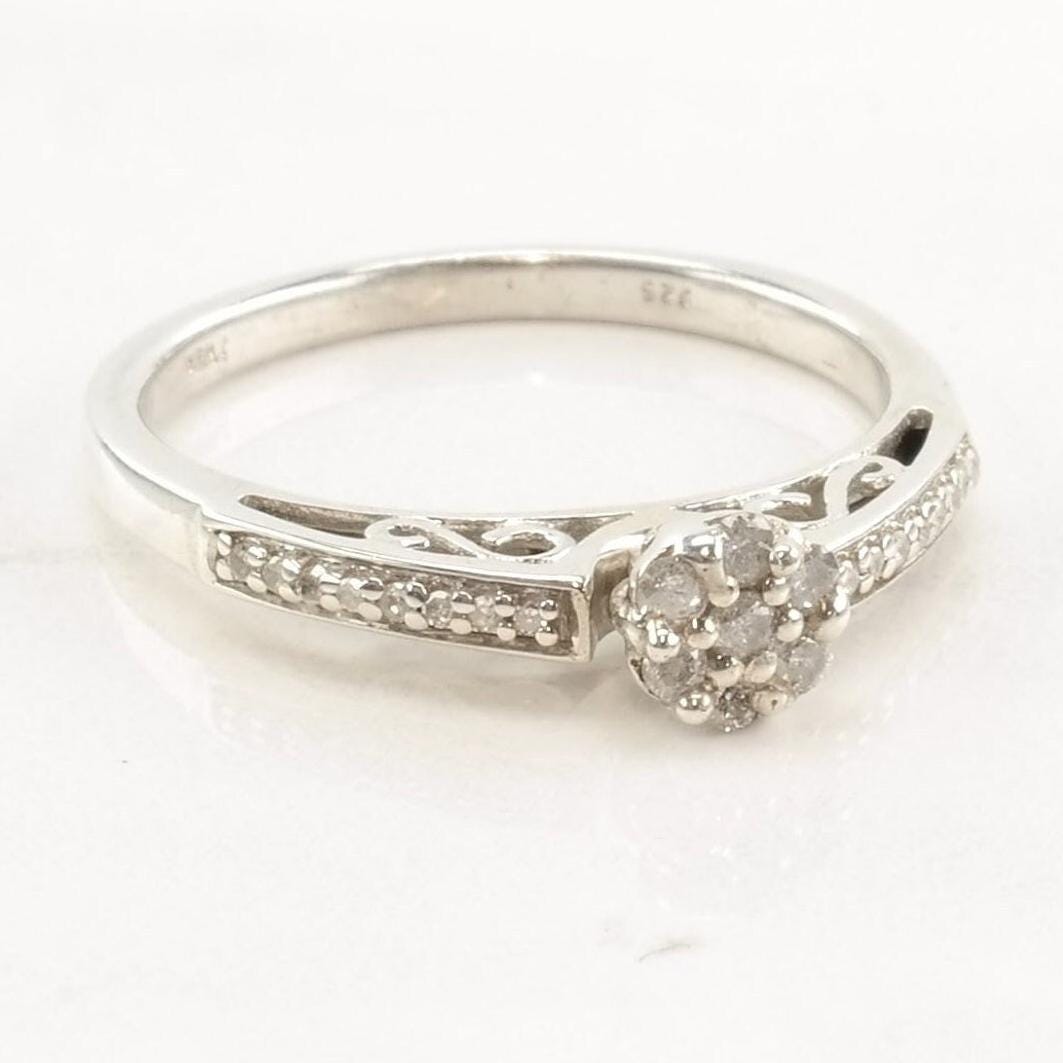 Vintage Sterling Silver Ring Diamond Flower Filigree Size 6 3/4