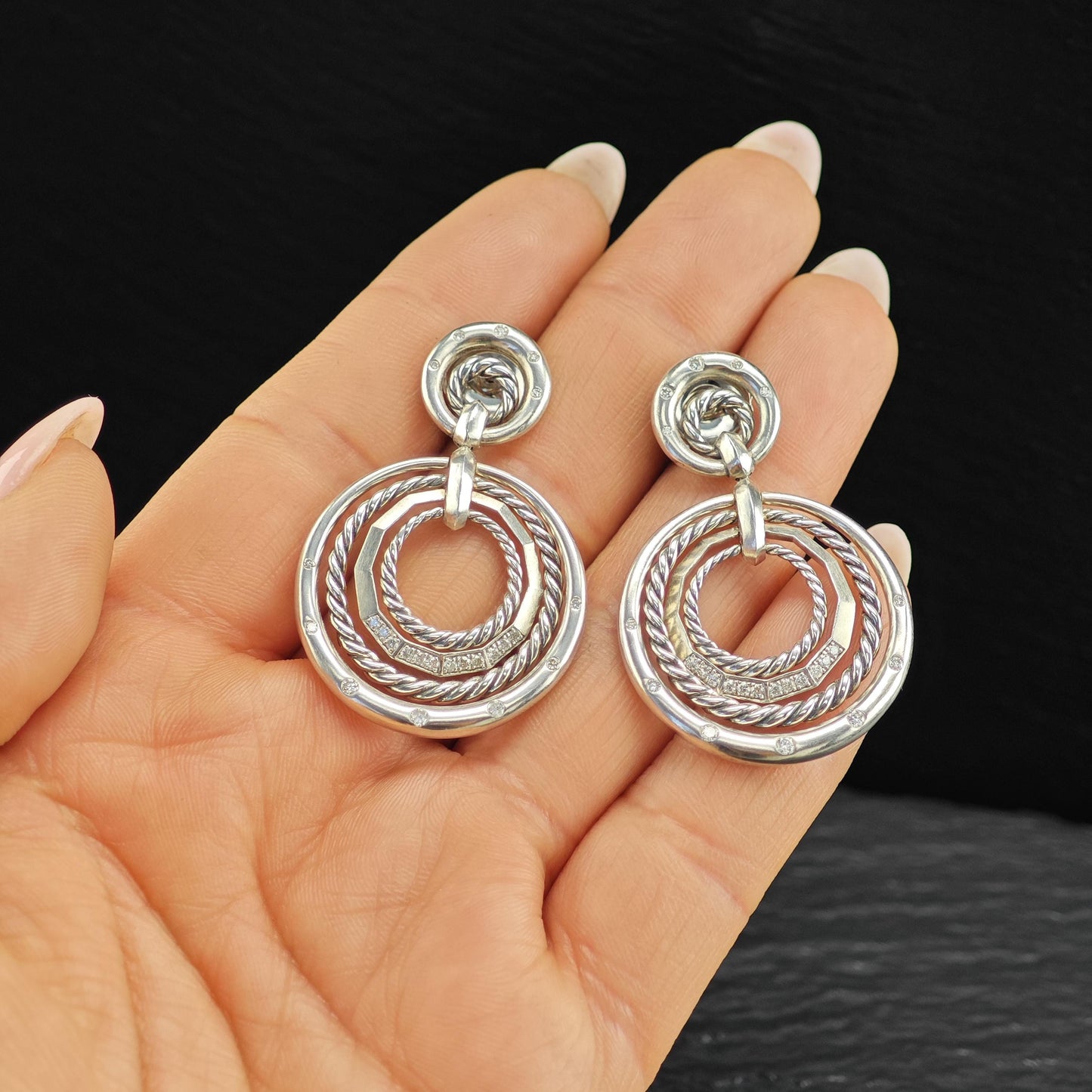 David Yurman Diamonds Stax, 14k Gold Posts Stud/Dangle Earrings Sterling Silver