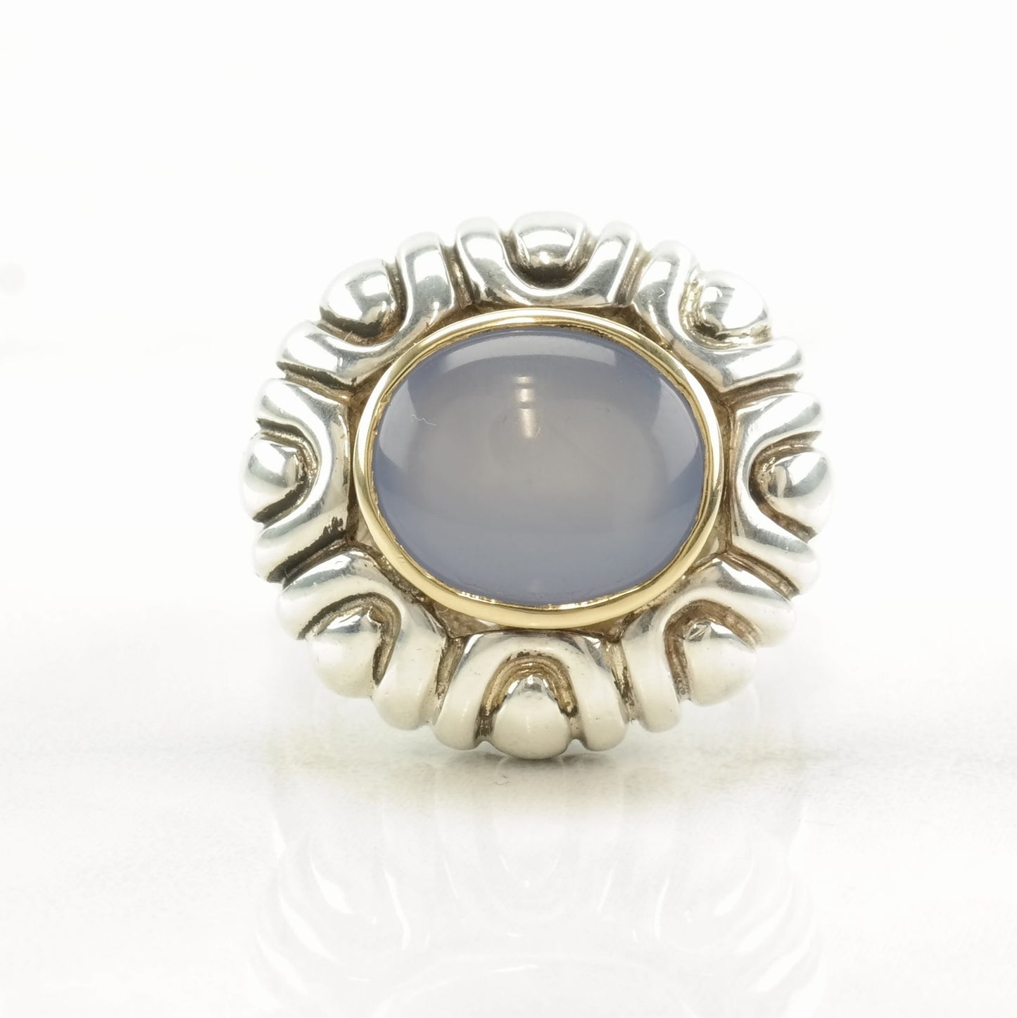 Vintage Samuel B Silver Ring Blue Chalcedony 18K Gold Sterling Size 6