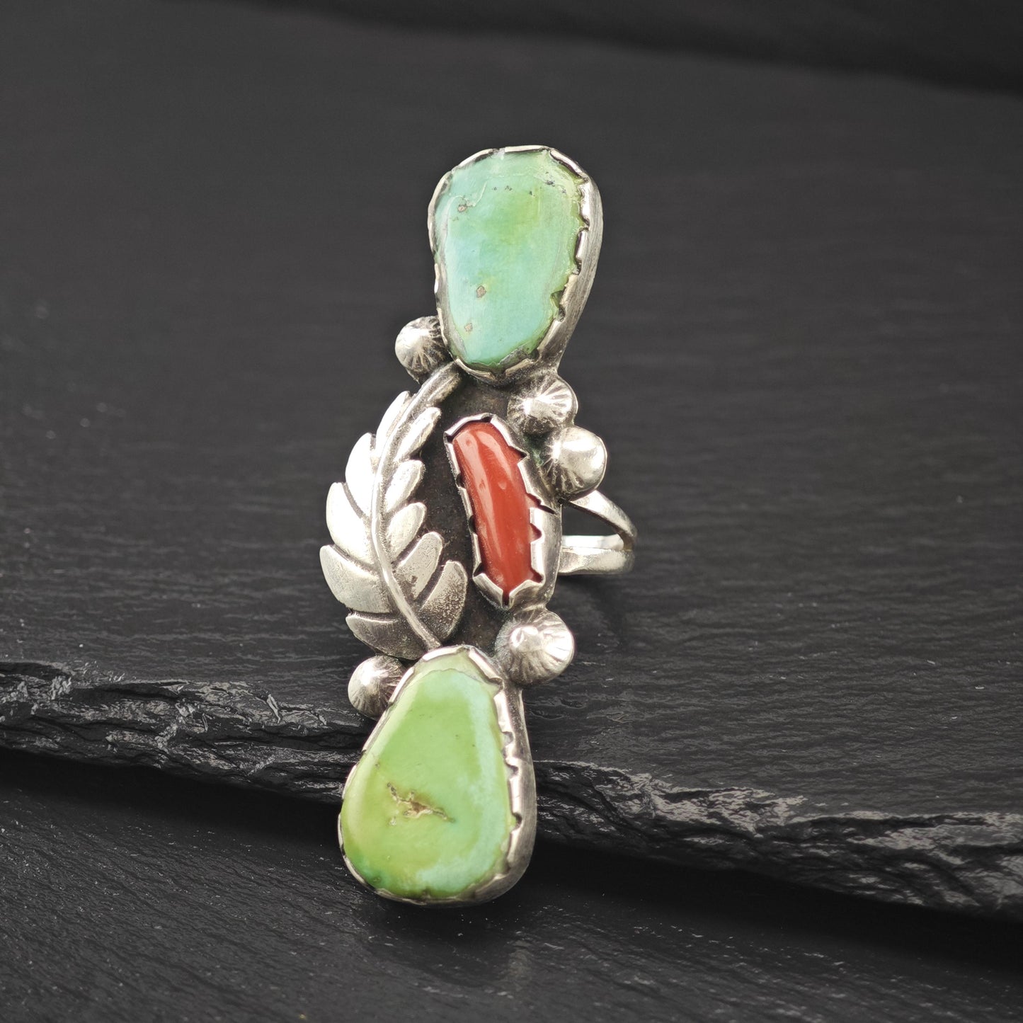 Long Native American Green Turquoise Coral Ring Sterling Silver