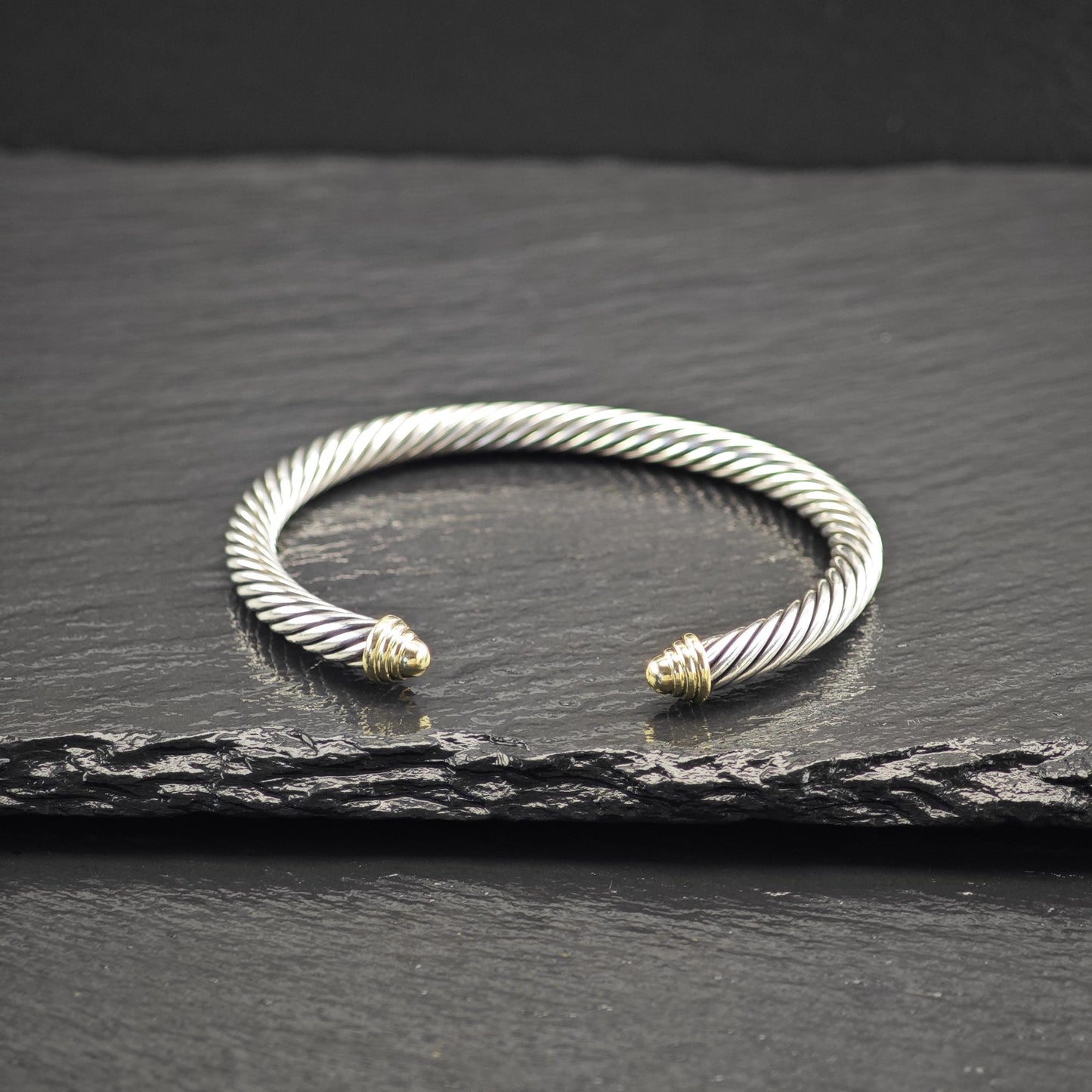 David Yurman 5mm 14K Gold Accent Cable Cuff Bracelet Sterling SIlver