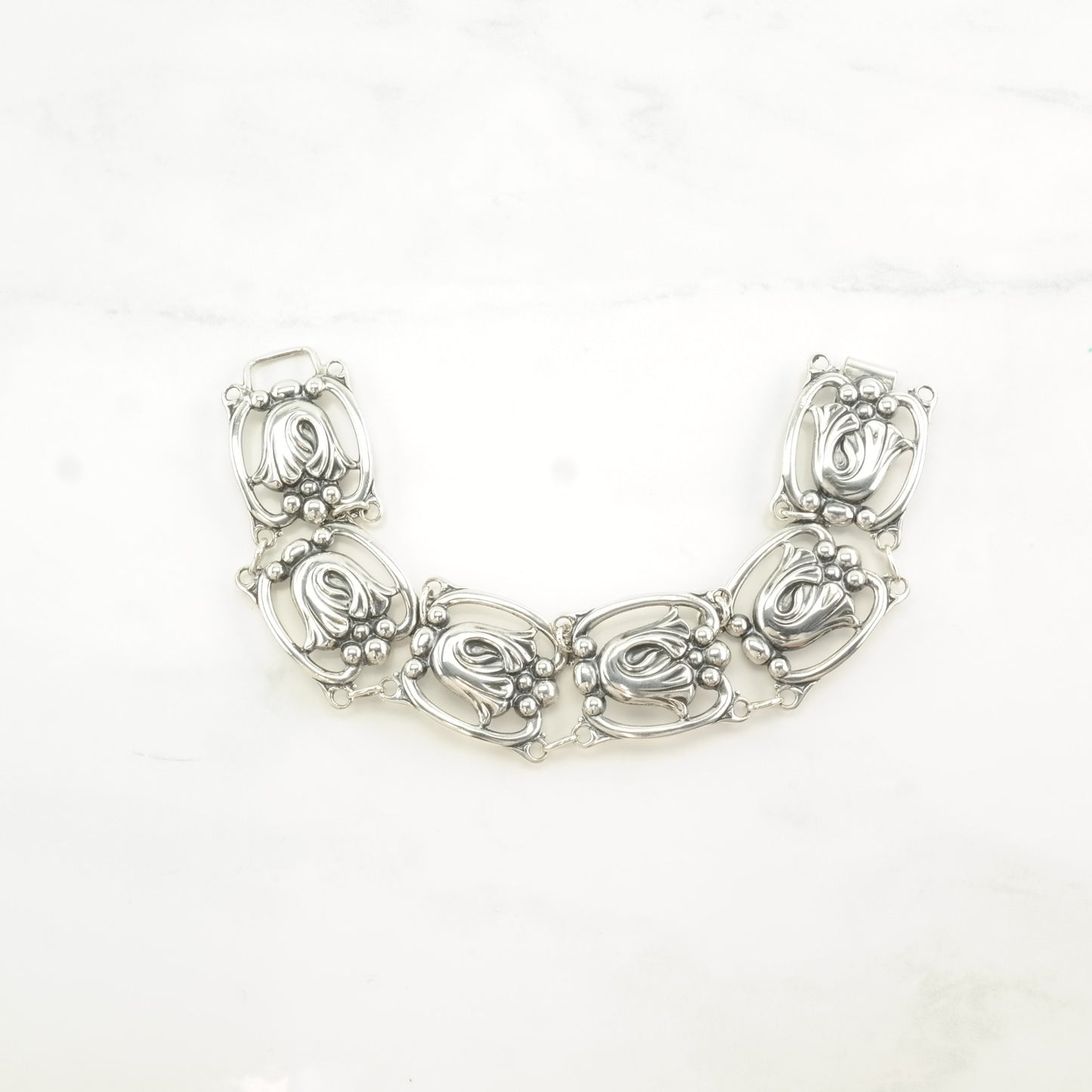 Vintage Art Nouveau Style Sterling Silver Link Bracelet Floral