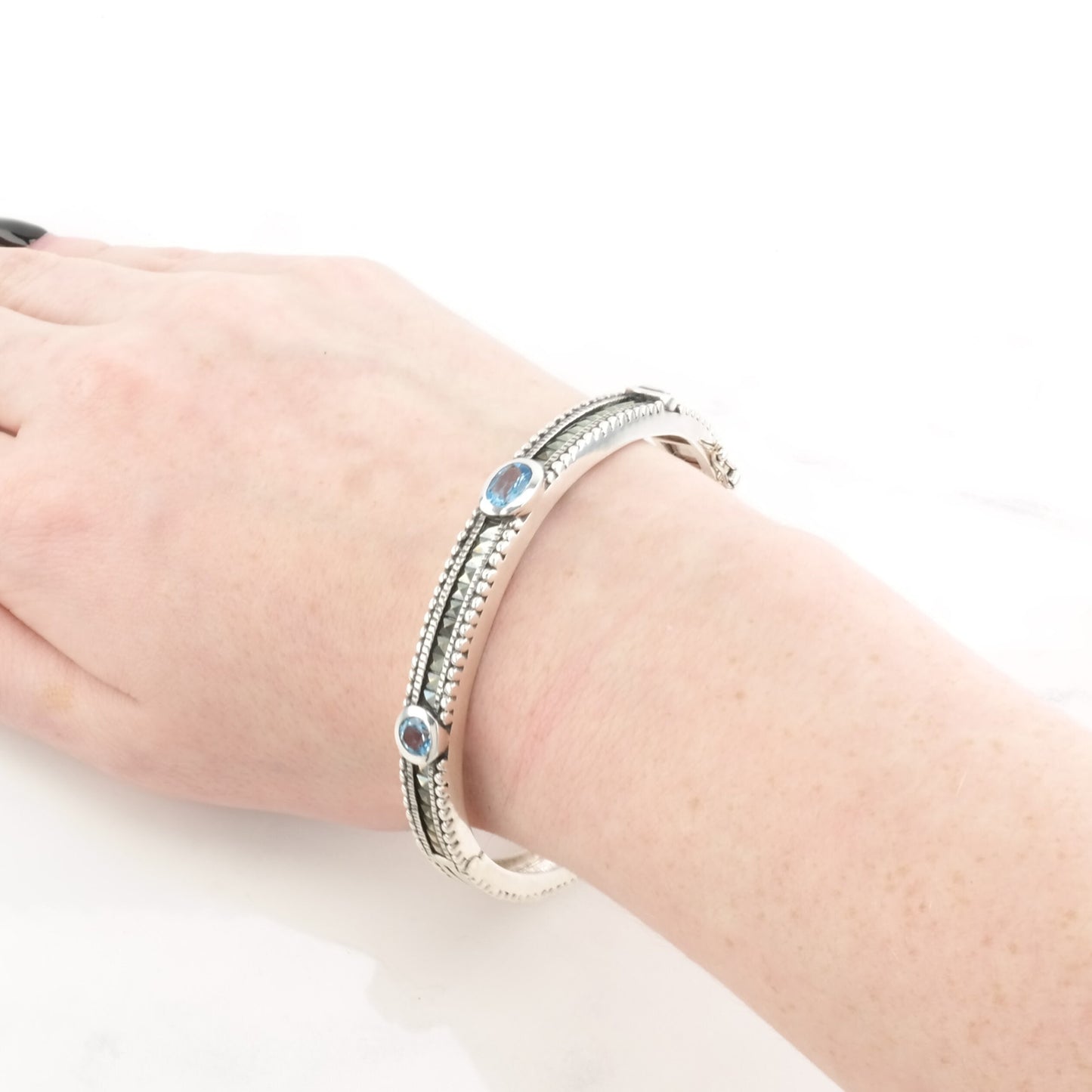Sterling Silver Bangle Bracelet Blue Topaz Marcasite