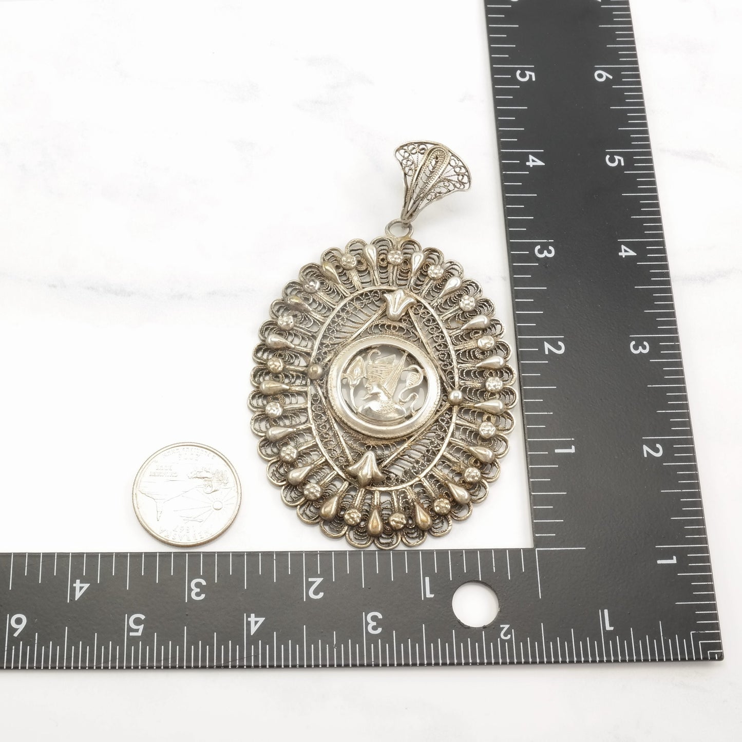 Vintage Archeological Revival Filigree Egyptian Sterling Silver Pendant