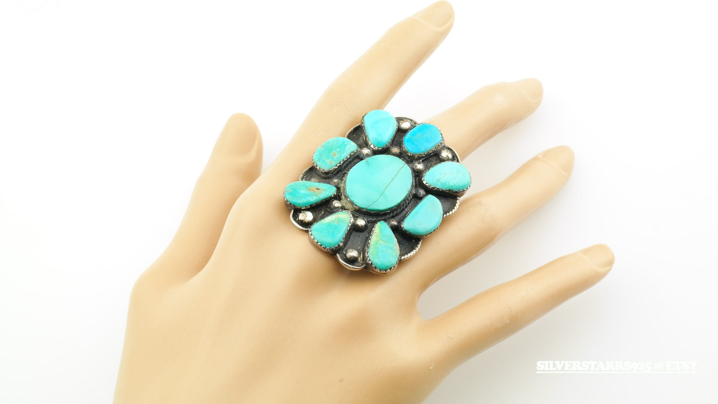 Vintage Native American Cluster Sterling Silver Ring Size 10 Blue Turquoise Shield