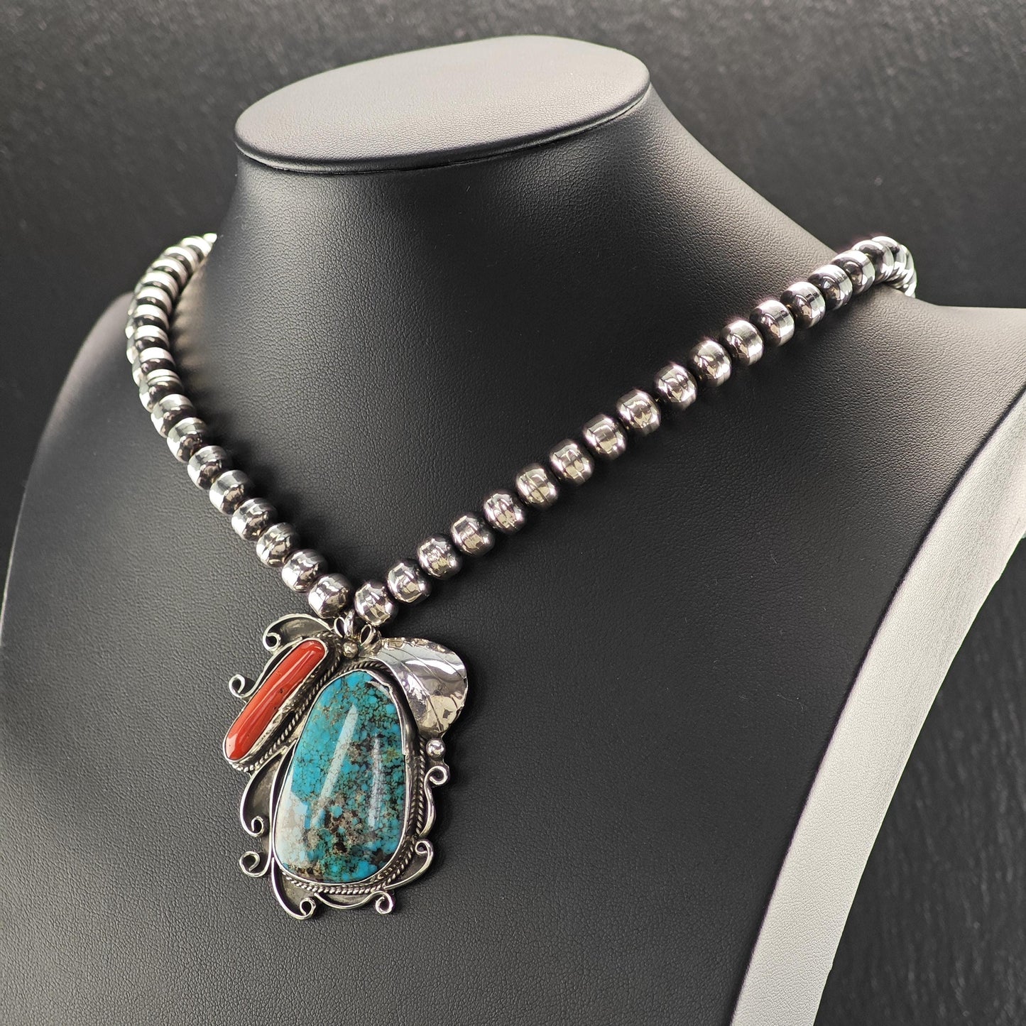 Native American Turquoise, Coral Beaded Necklace in Sterling Silver