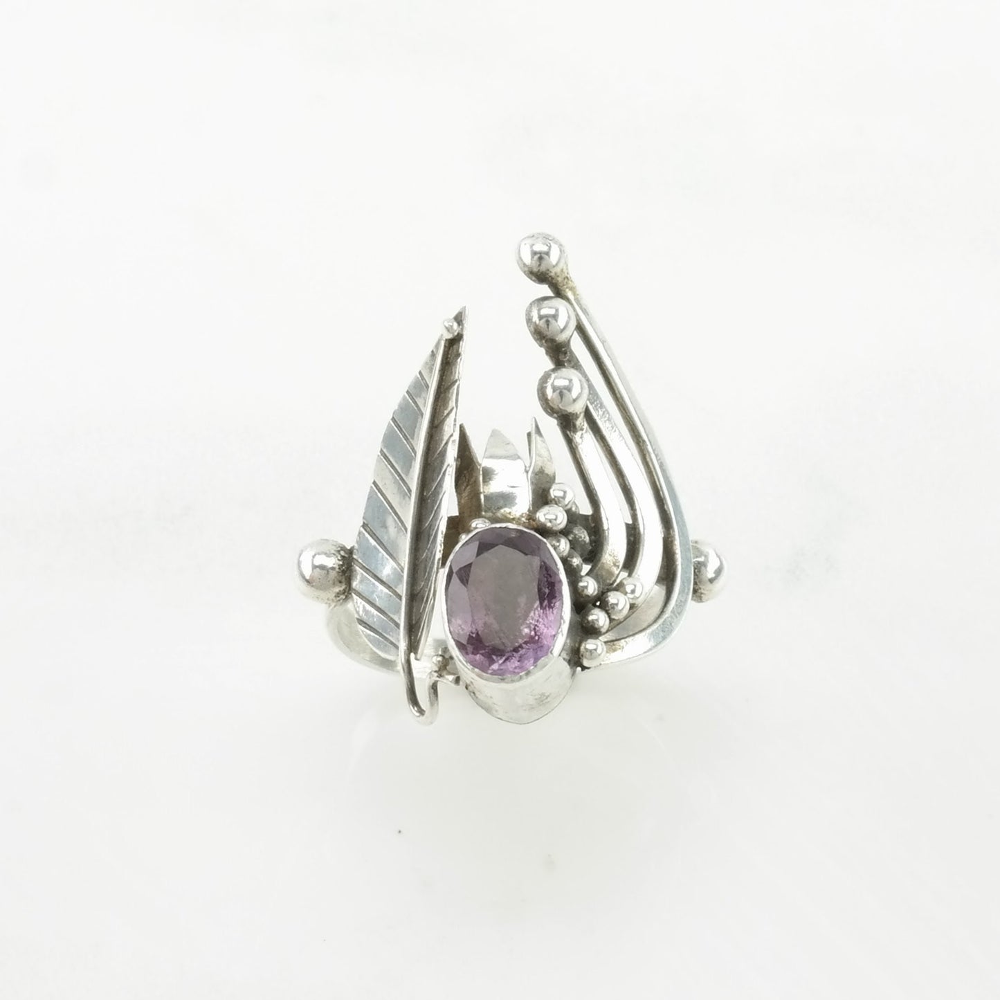 Vintage Sterling Silver Ring Amethyst Leaf Purple Size 6 3/4