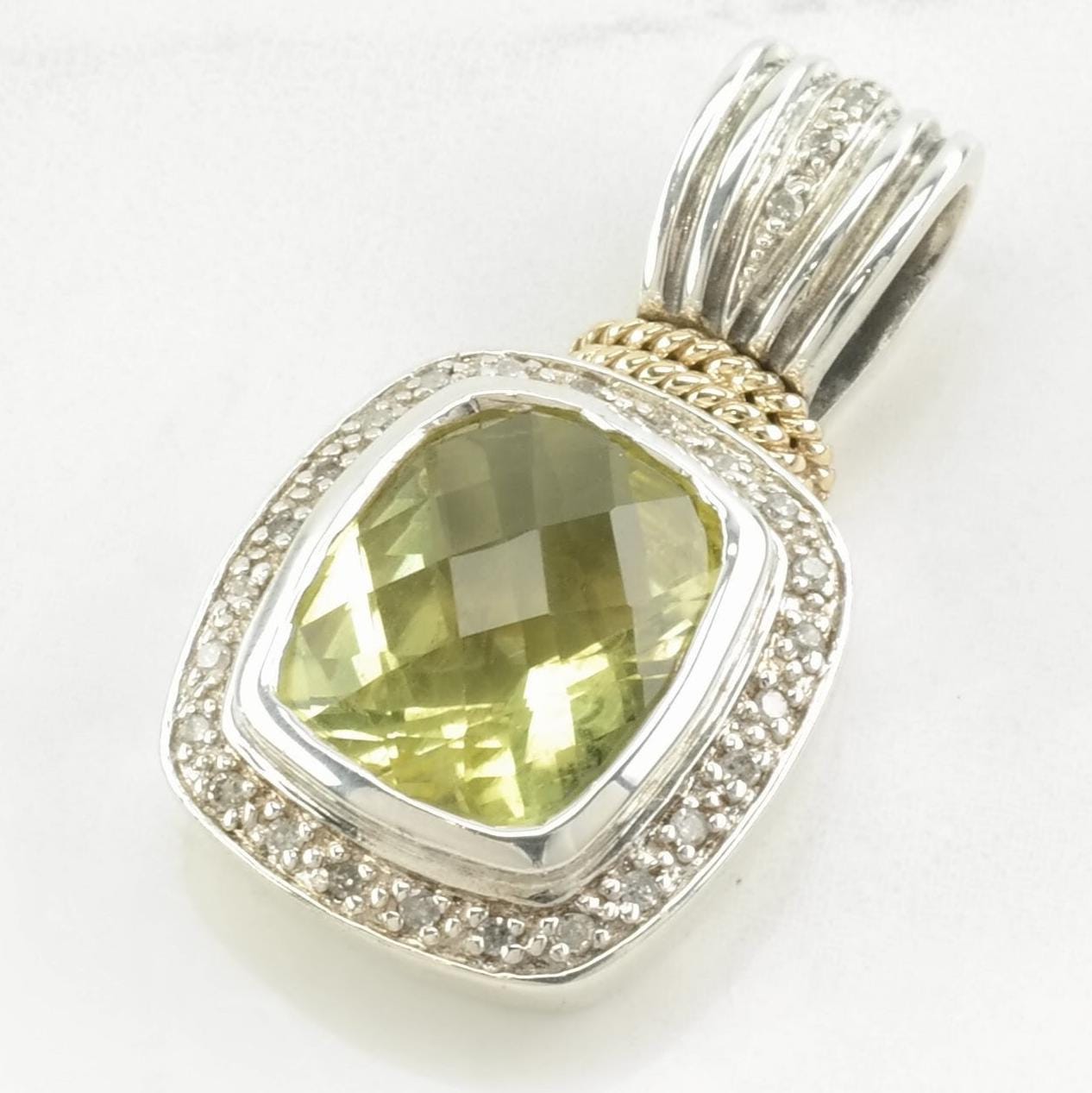 Vintage Lefkowitz and Edelstein Prasiolite, Diamond 14K gold accents Sterling Silver Pendant