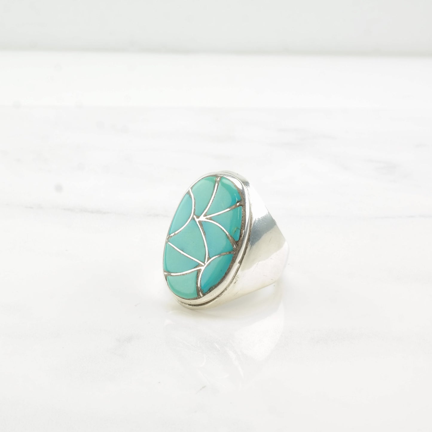 Vintage Zuni Silver Ring Fishscale Inlay Sterling Size 10