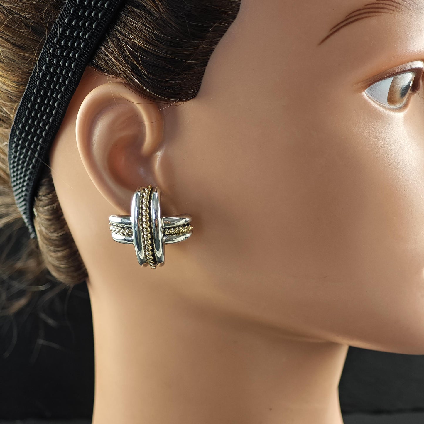 Tiffany Gold Cross, X 18k Gold Accent, Two Tone Omega Back Earrings Sterling Silver