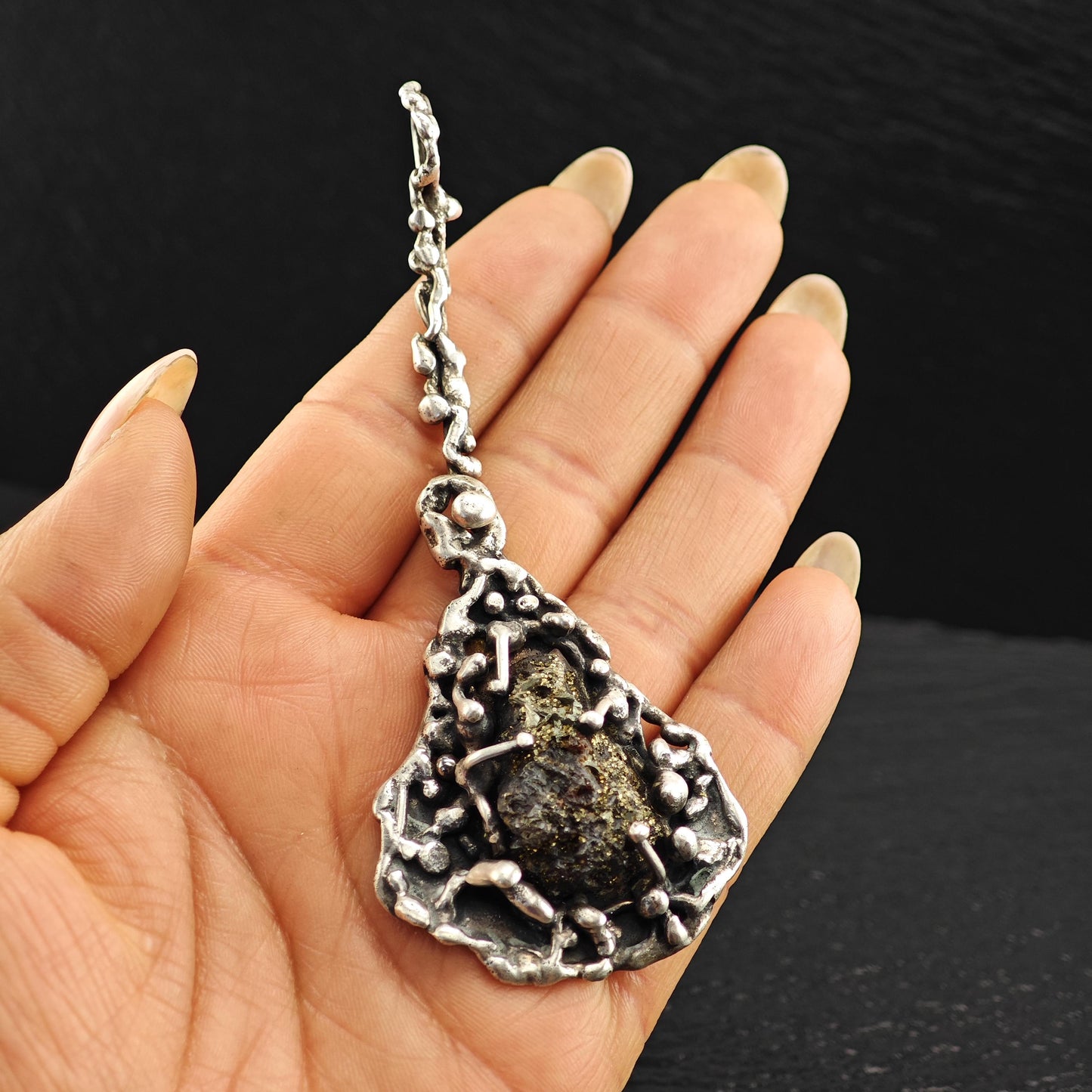 Vintage Sterling Silver Druzy Pendant Unique Brutalist Design