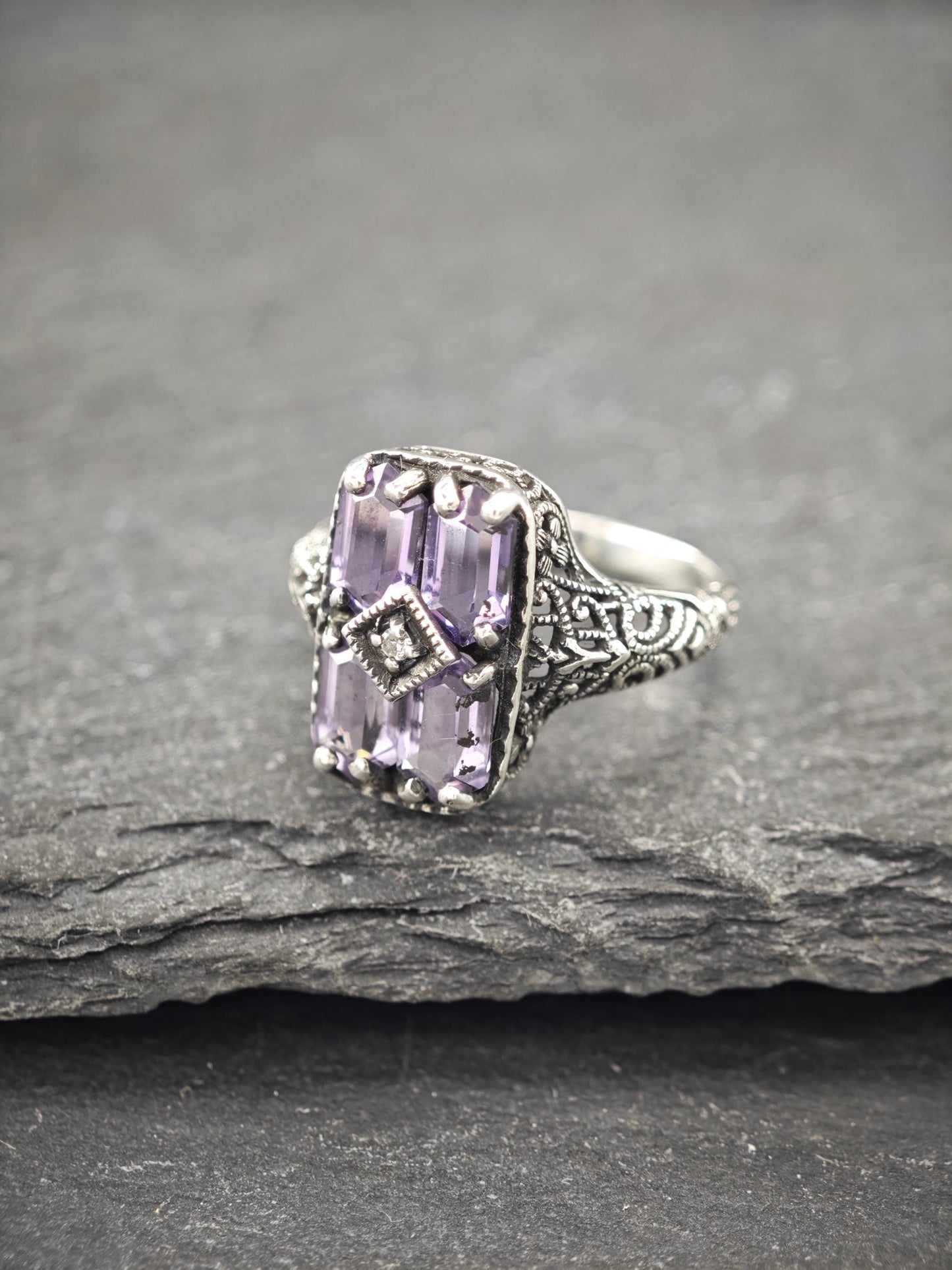 Art Deco Style Amethyst, Diamond Chip Ring Sterling Silver