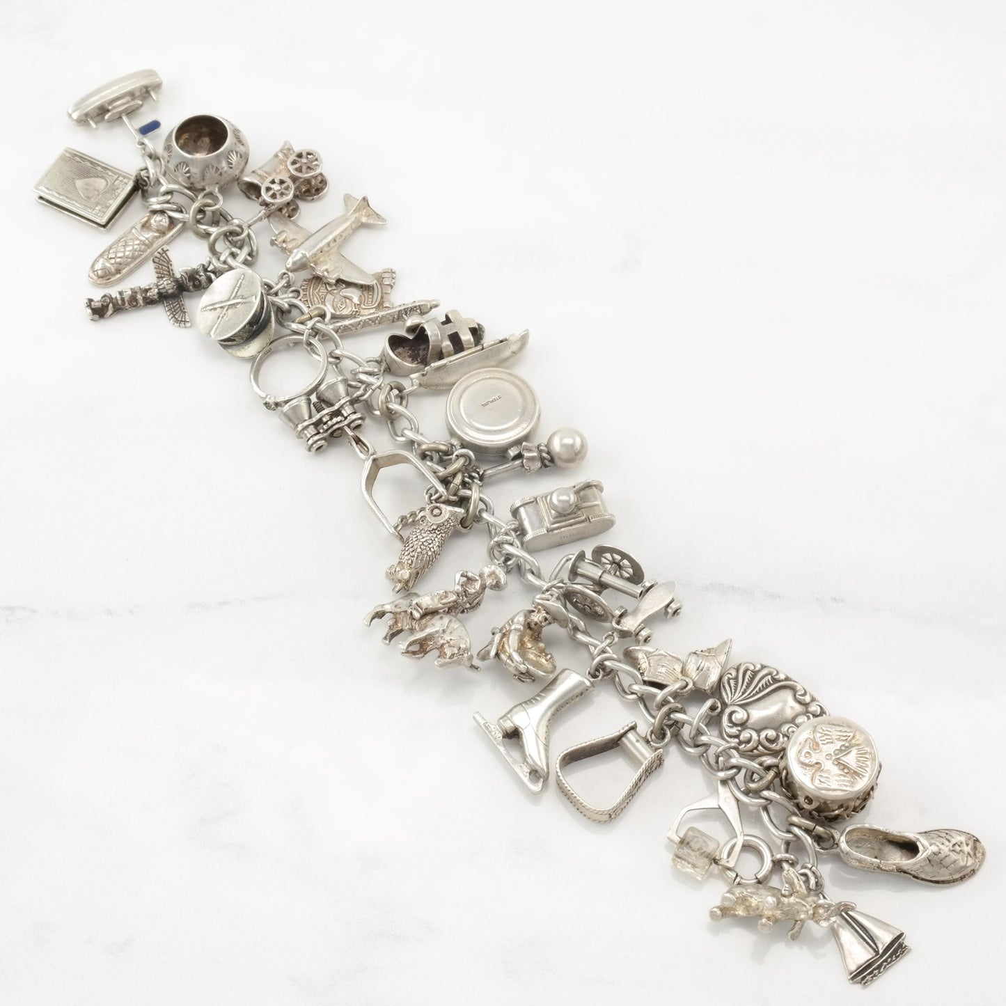 WWII Era Sterling Silver 32 Charms Bracelet Western, Military & Misc