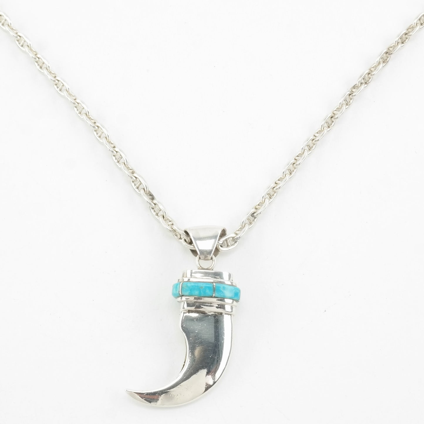 Vintage Southwest Sterling Silver Blue Turquoise Inlay Silver Claw Necklace