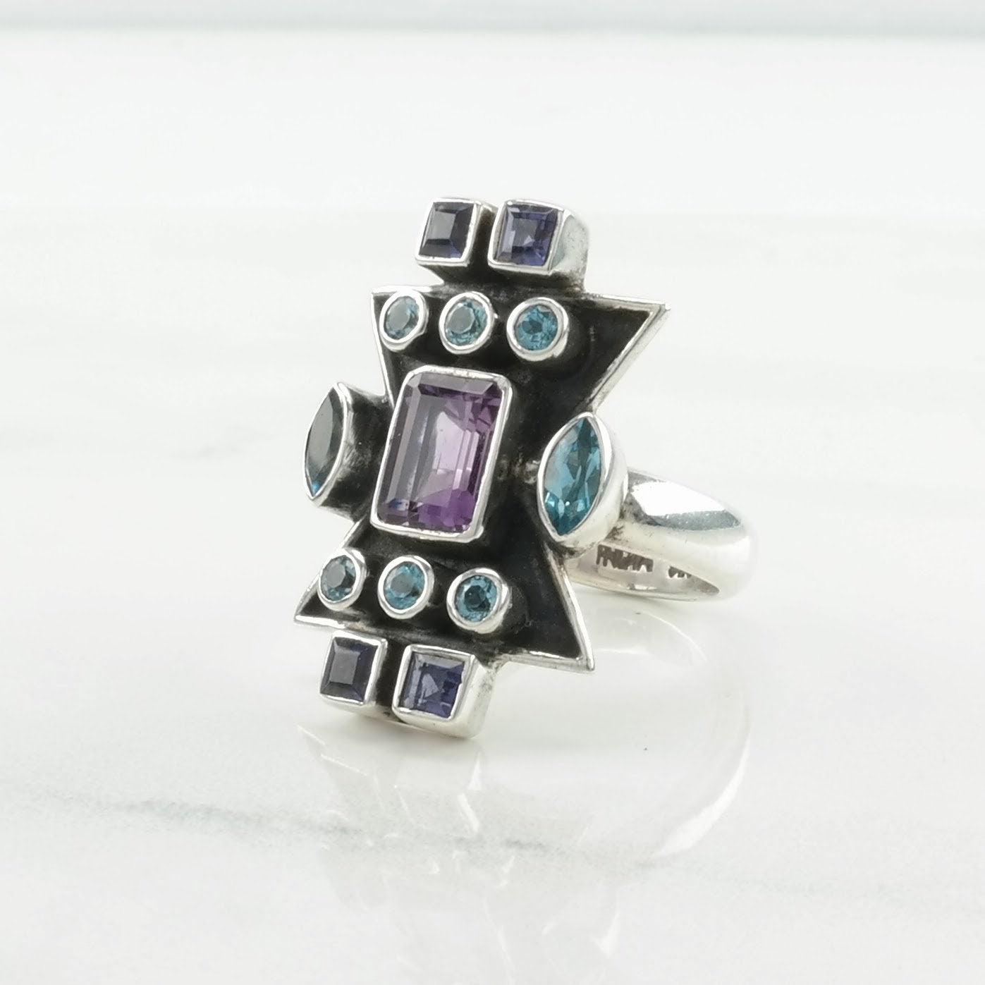 Vintage Nicky Butler Silver Ring Amethyst, Topaz Cluster, Geometric Sterling Blue, Purple Size 7