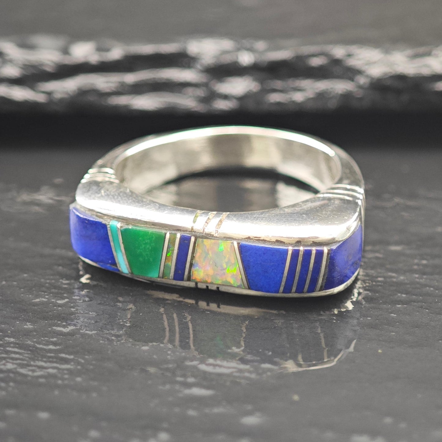 Native American Lapis, Turquoise, Lab Opal Inlay Ring Sterling Silver