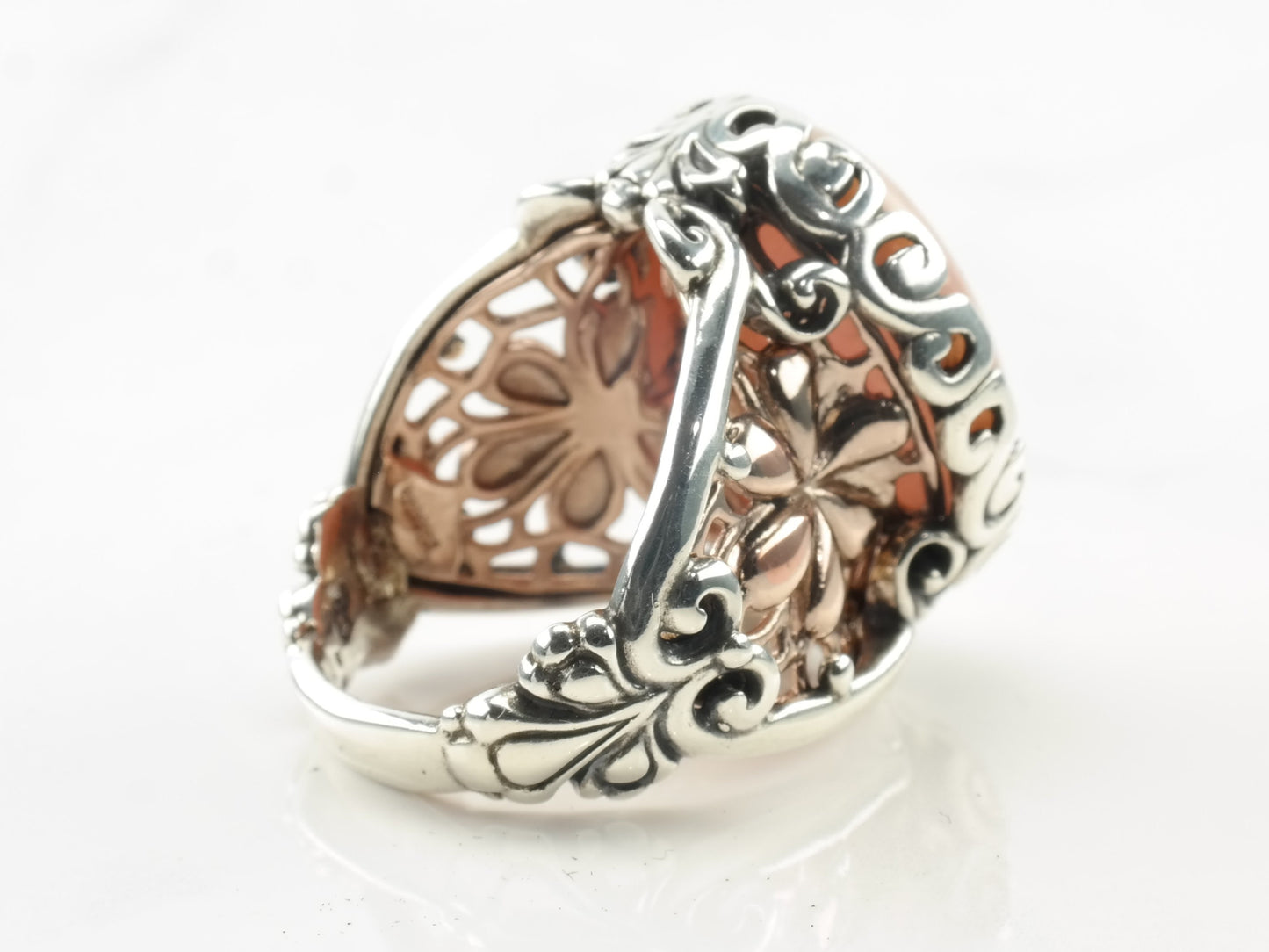 Vintage Relios Silver Ring Rhodonite Oval Copper Filigree Sterling Size 7 1/4