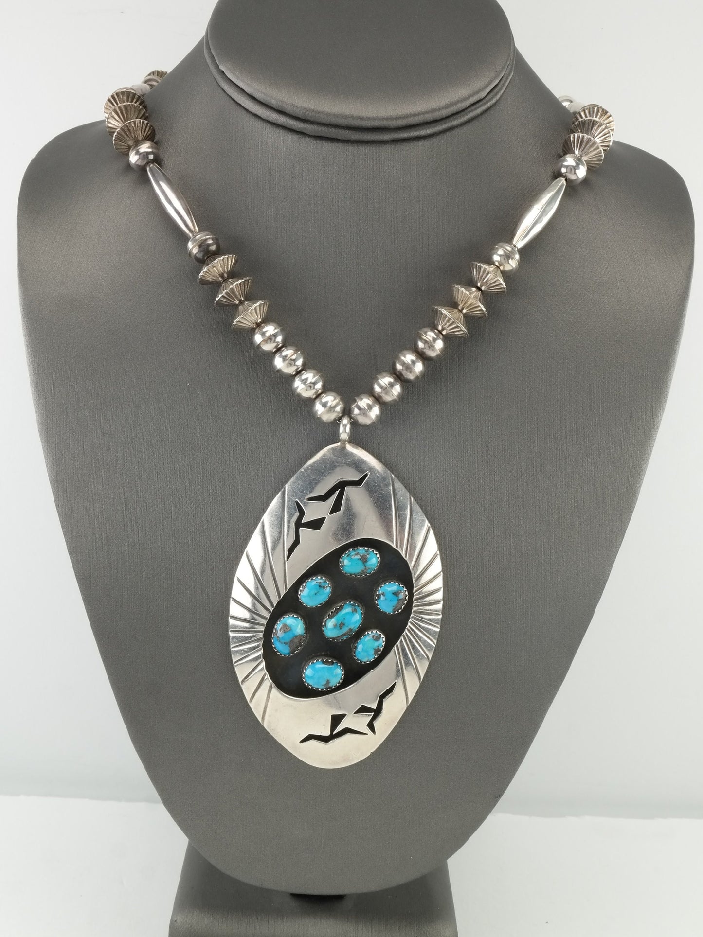 Vintage Native American Sterling Silver Turquoise Cluster Shadowbox Navajo Beads Necklace