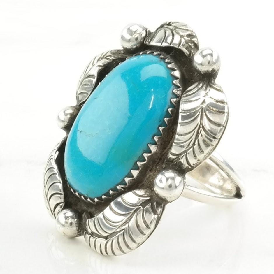 Vintage Native American Silver Ring Turquoise Leaf, Large Sterling Blue Size 6 1/2