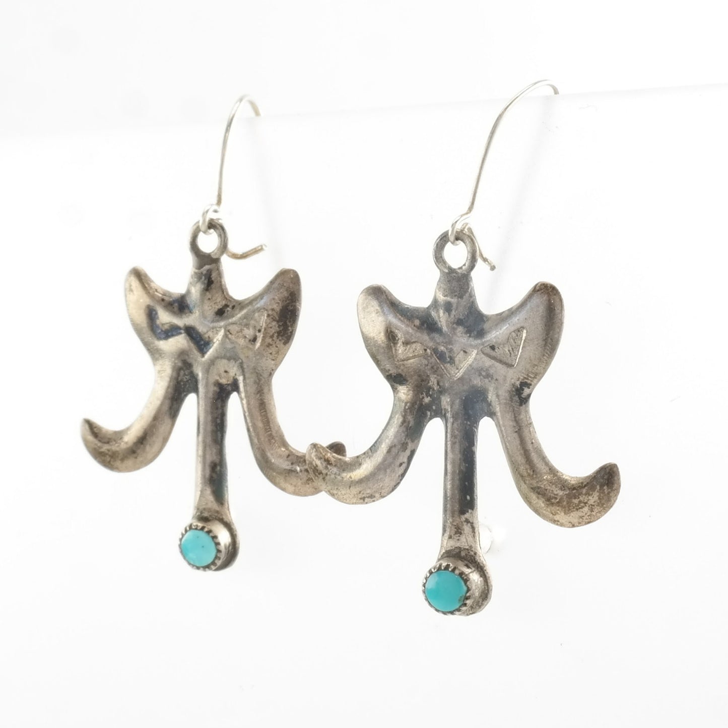 Native American Sterling Silver Turquoise Stamped, Sandcast, Earrings Fish Hook, Dangle