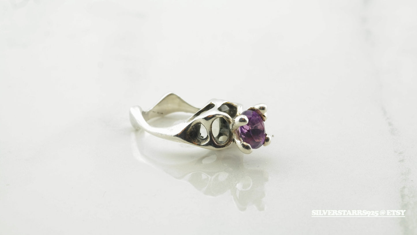 Vintage Modernist Silver Ring Amethyst Sterling Purple Size 6