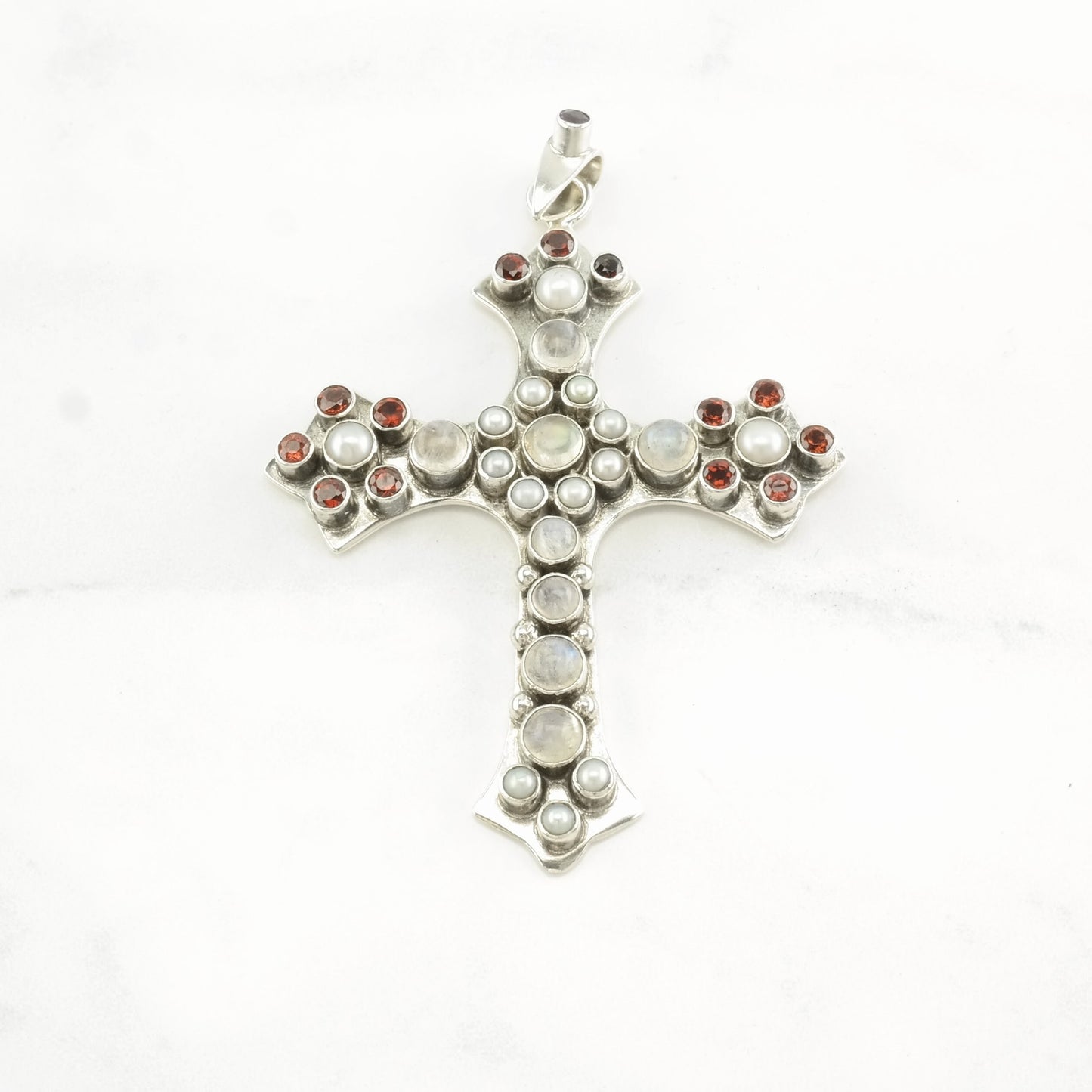 Vintage Nicky Butler Moonstone, Pearl, Garnet Cross Sterling Silver Pendant