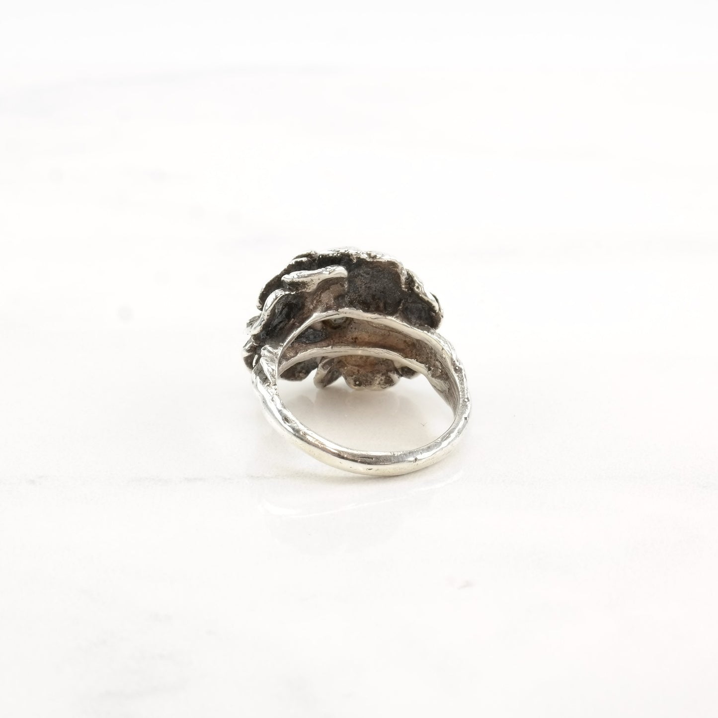 Vintage Brutalist Silver Ring Lab Opal Flower Sterling Size 5