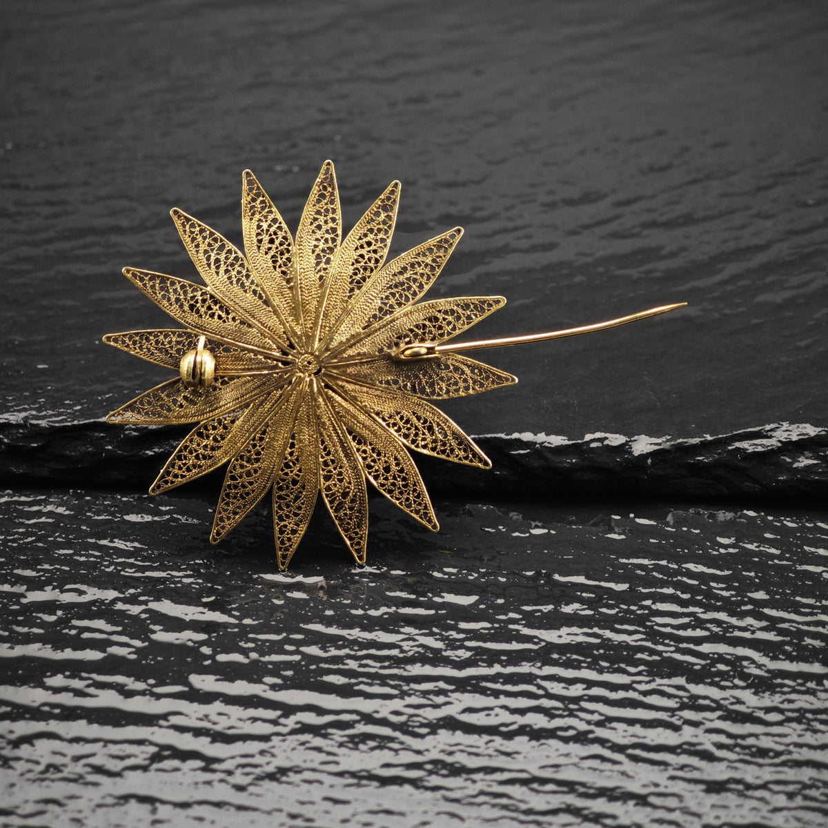 Floral Vermeil Gold Filigree Sterling Silver Brooch B2282