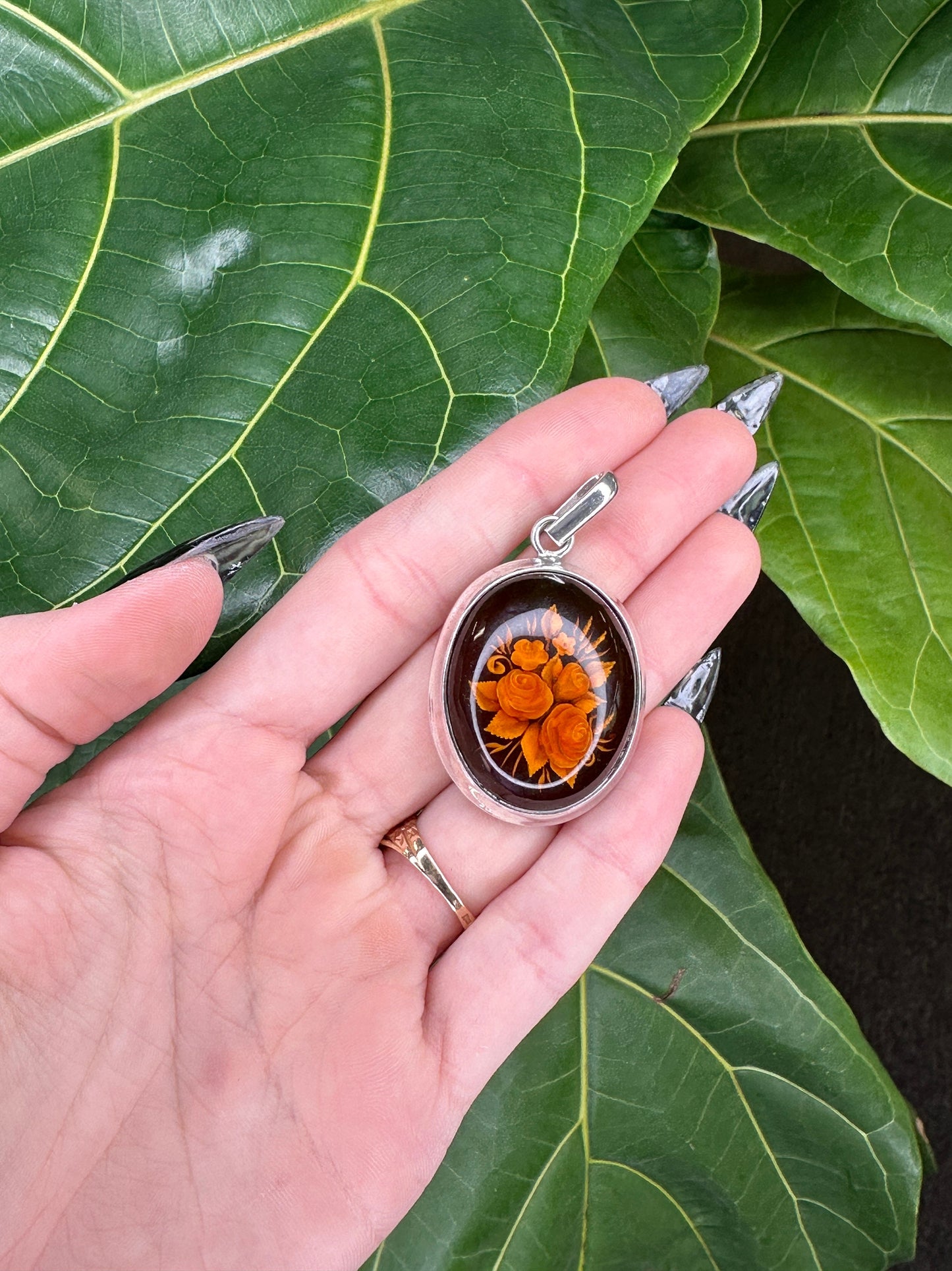 Vintage European Amber, Carved Flower, Intaglio Sterling Silver Pendant