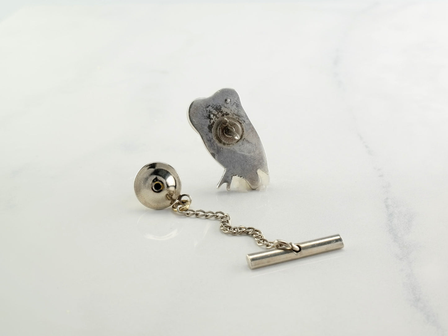 Native American Zuni Vintage Sterling Silver Shell Jet Mother of Pearl Owl Pin